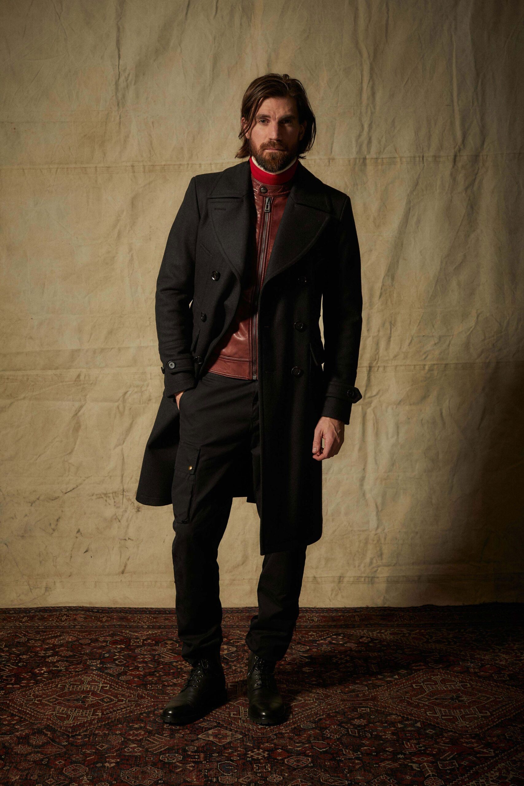black double-breasted wool coat