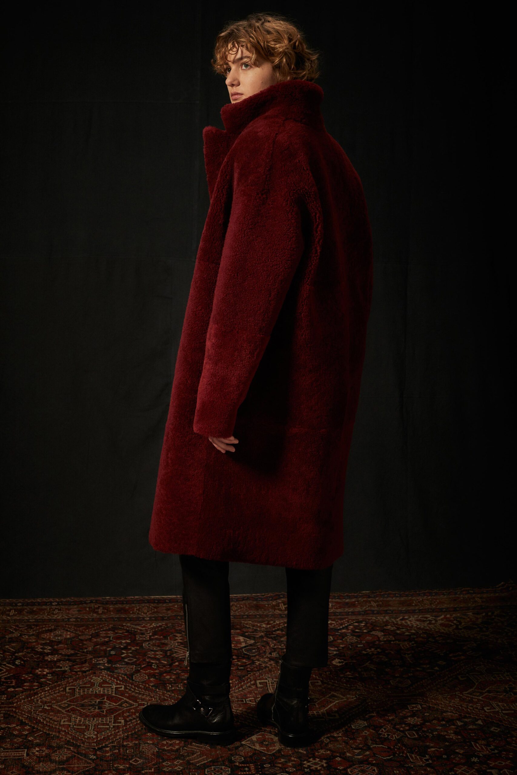 maroon oversized fur coat