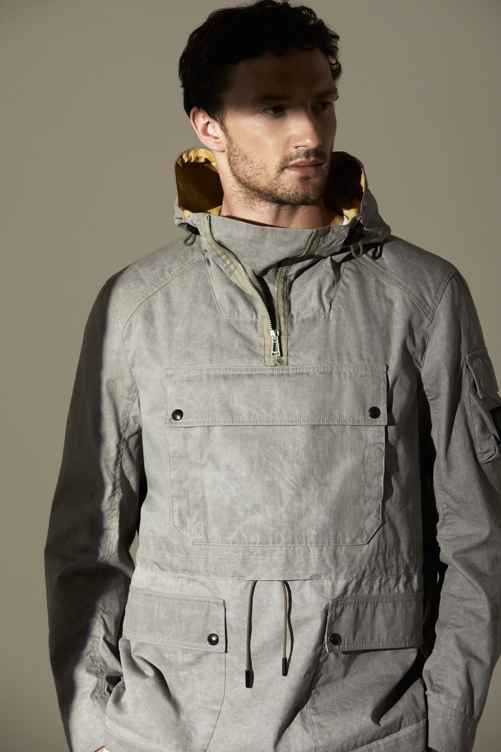gray hooded utility jacket