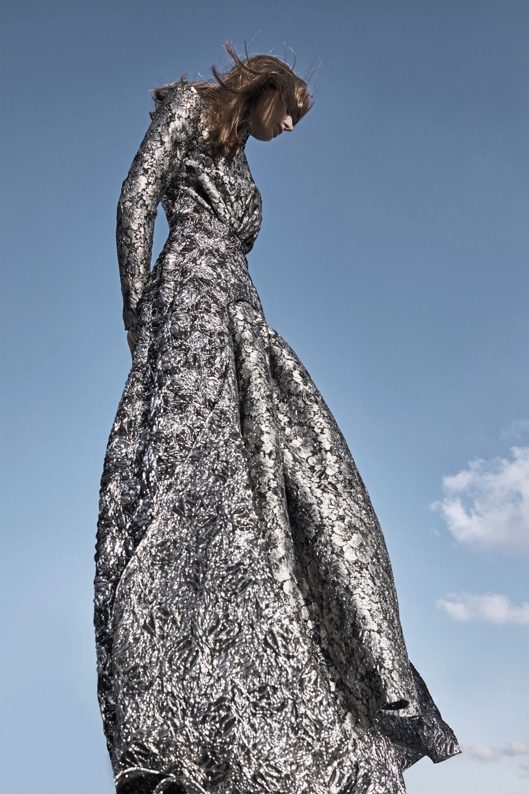 silver metallic long-sleeve gown