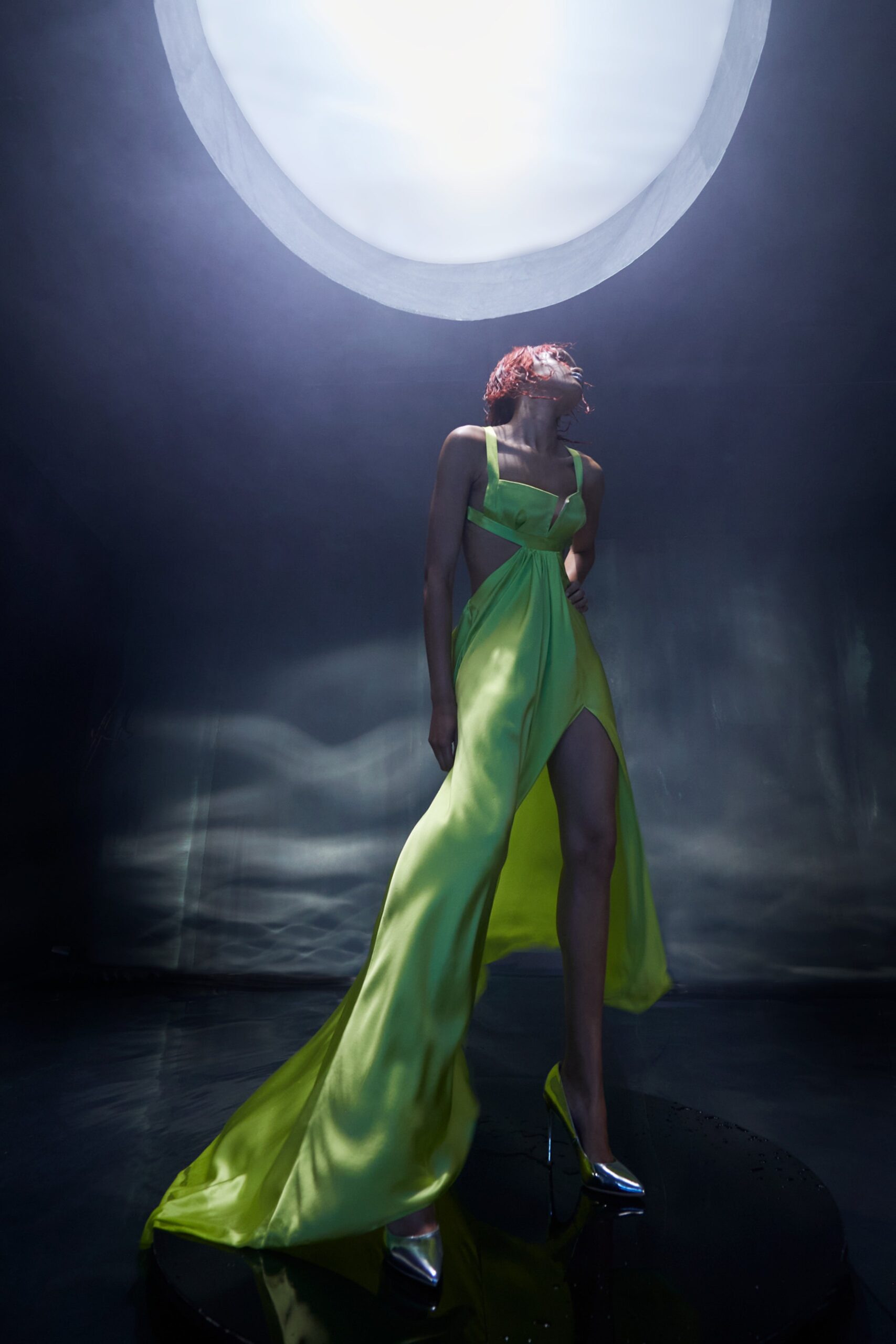 fitted green silk gown