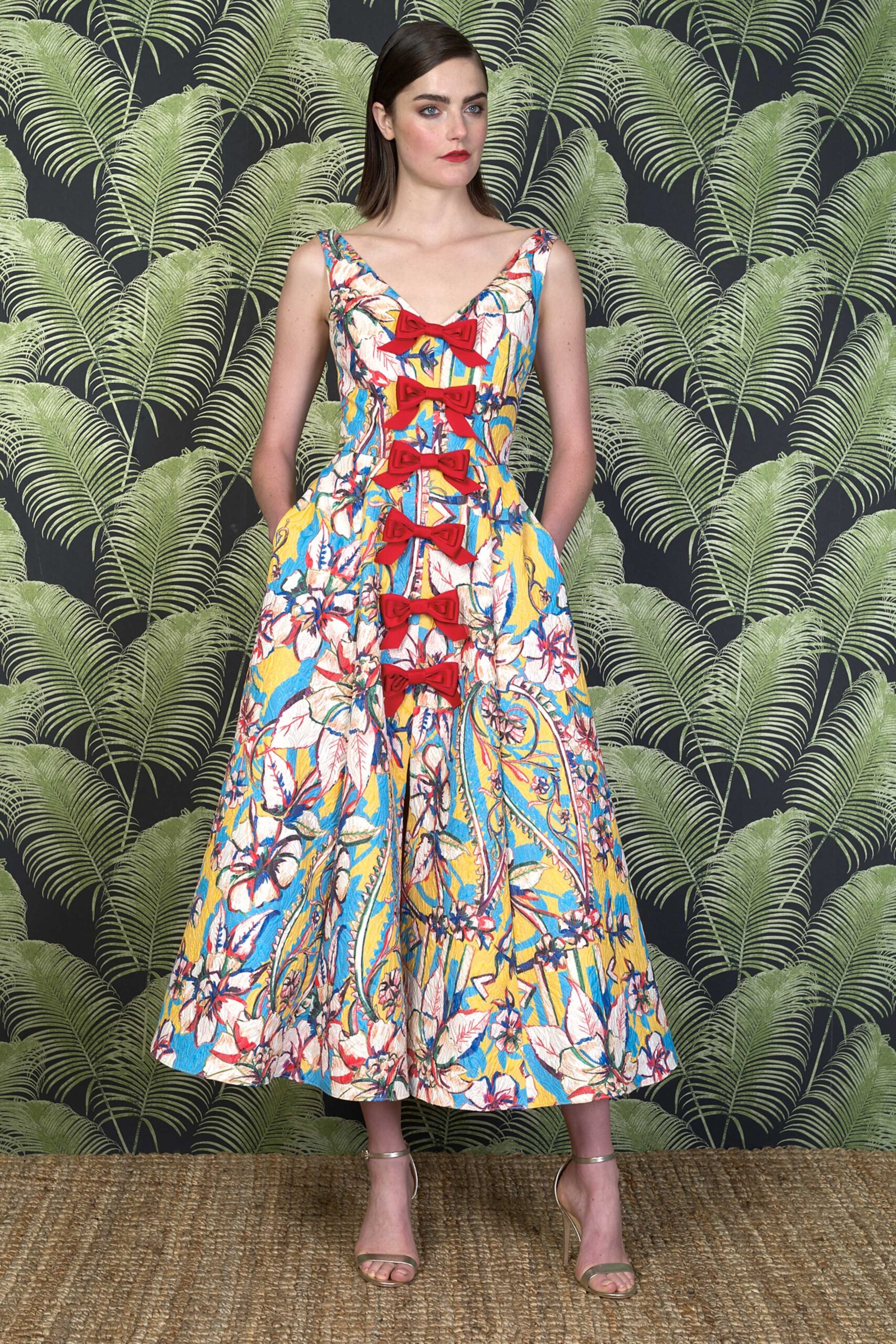 yellow printed midi dress