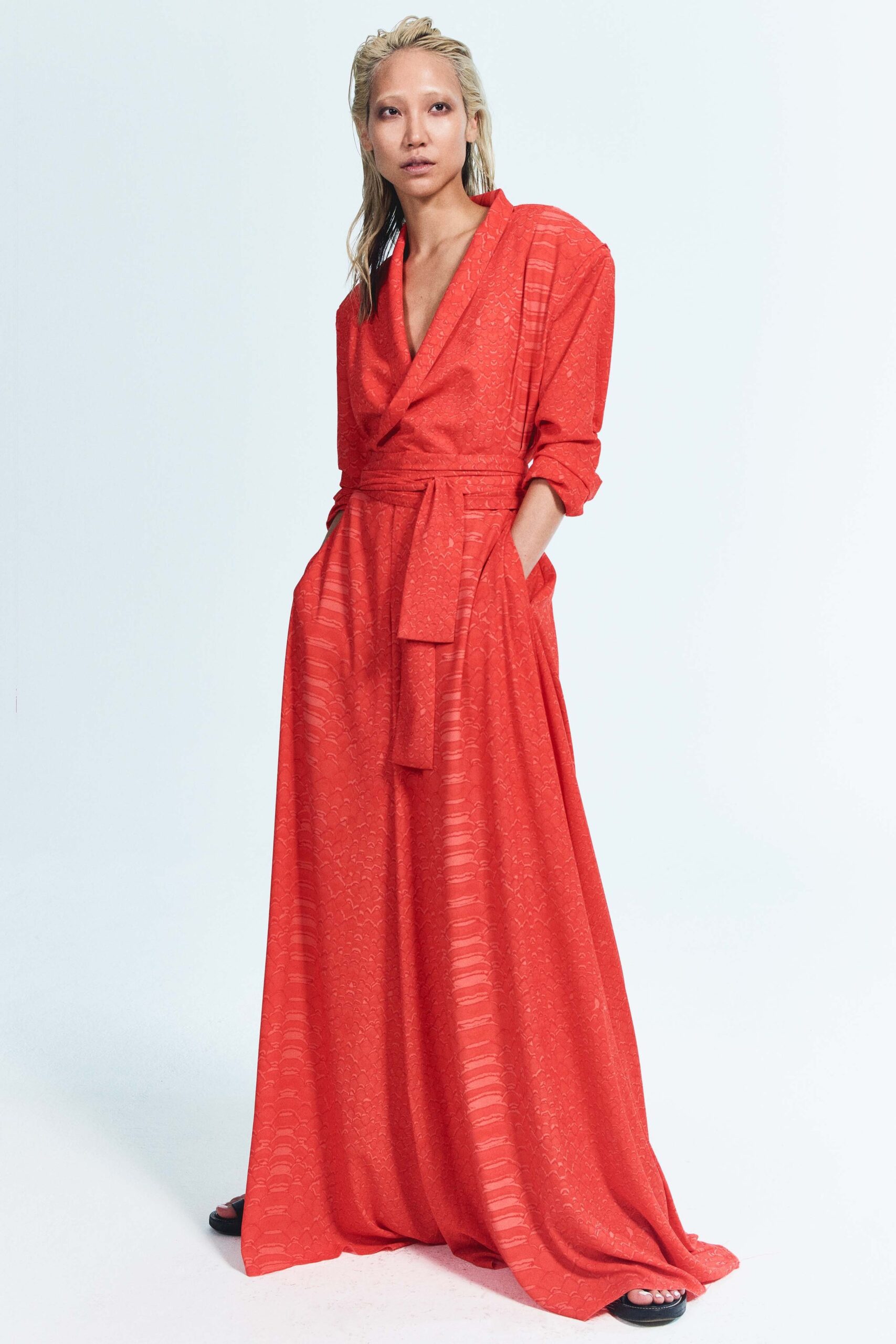 red silk relaxed maxi dress