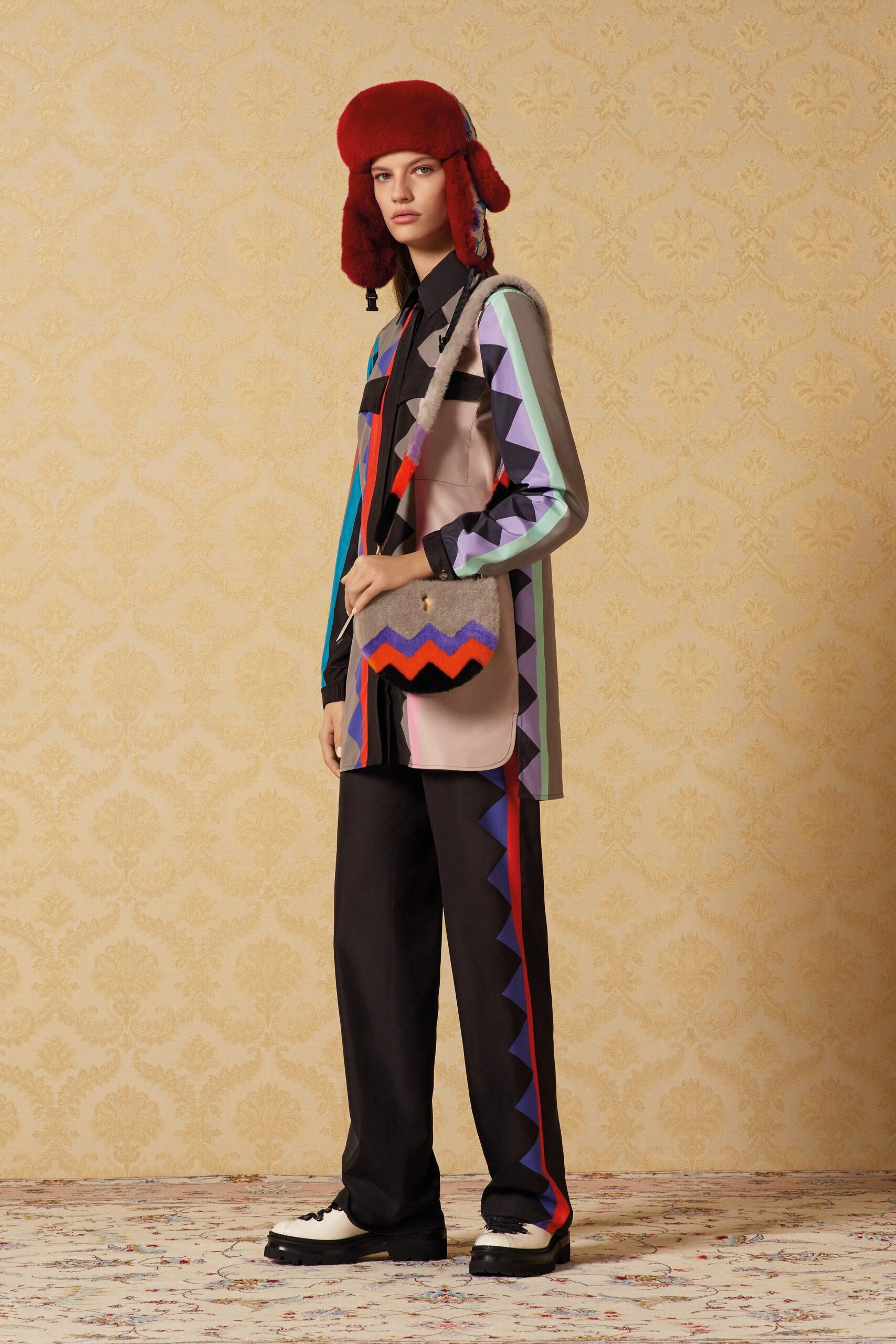 multi-colored jacket with relaxed pants