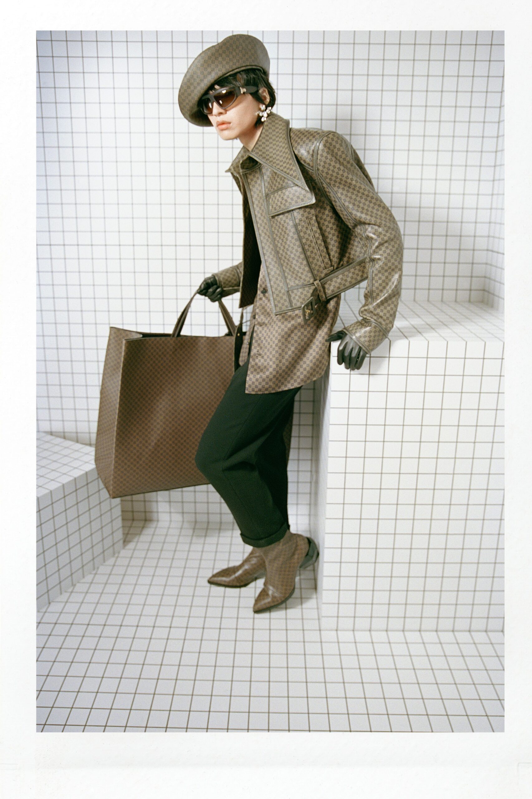 brown silk blouse with black pants