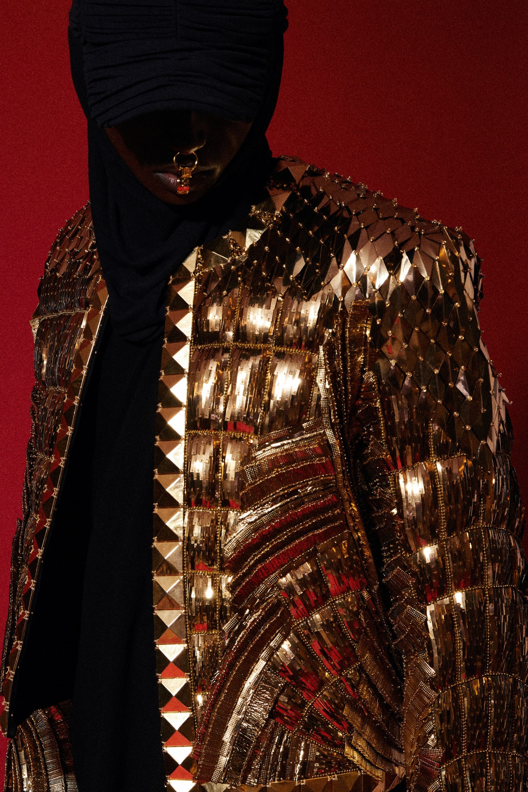 gold sequin long-sleeve collared fitted layered zippered jacket