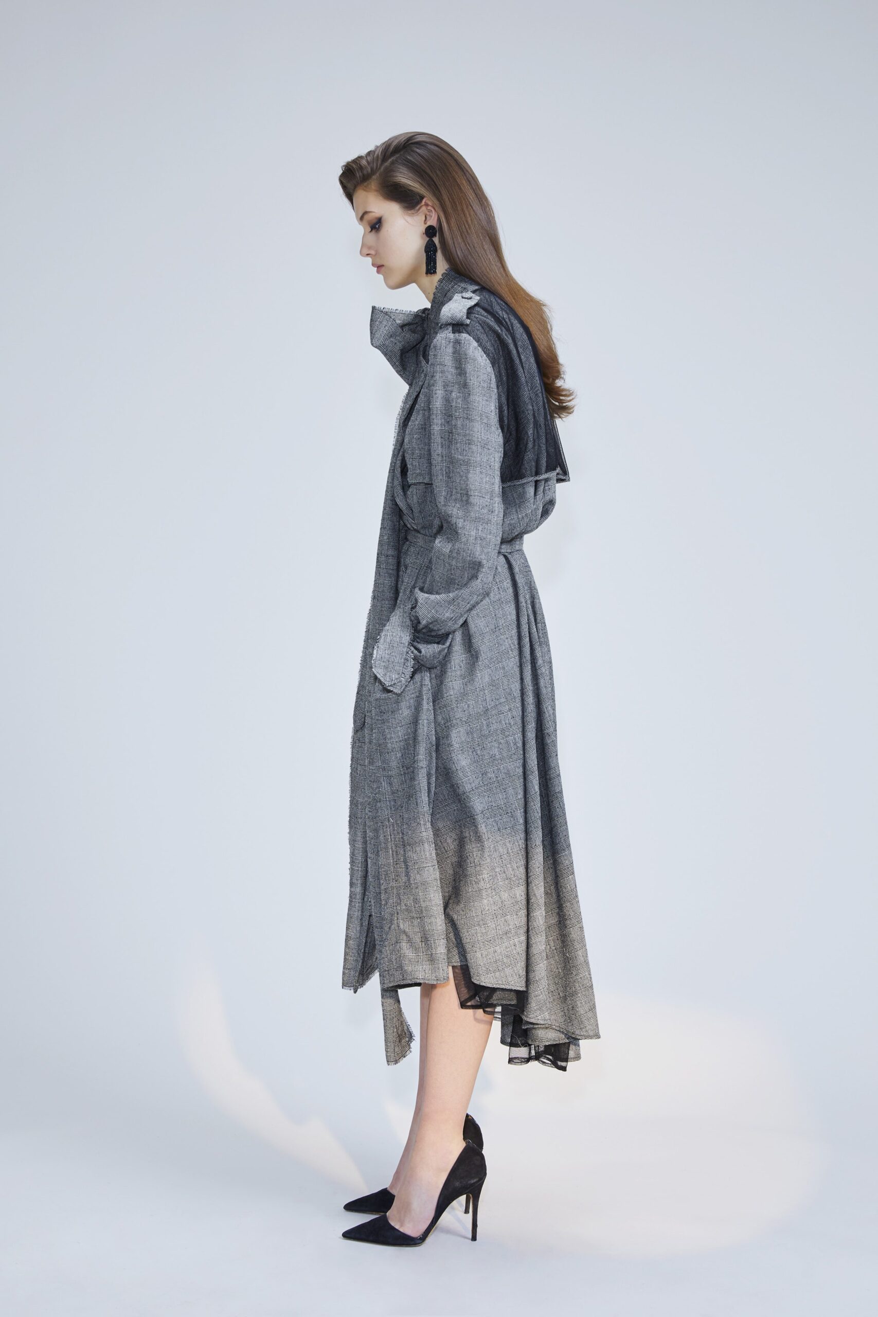 gray asymmetric midi dress with black shoes