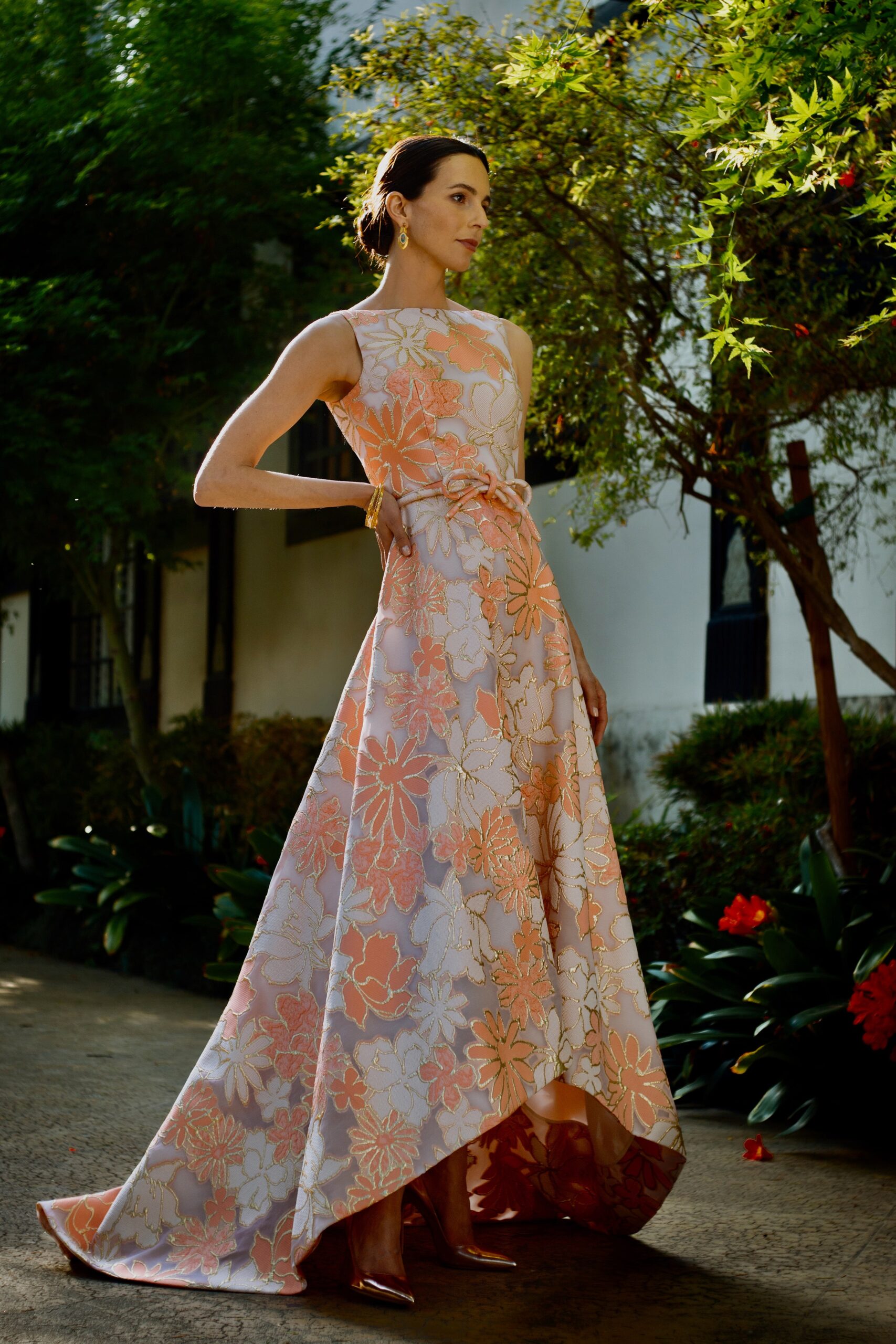 floral pink and orange gown
