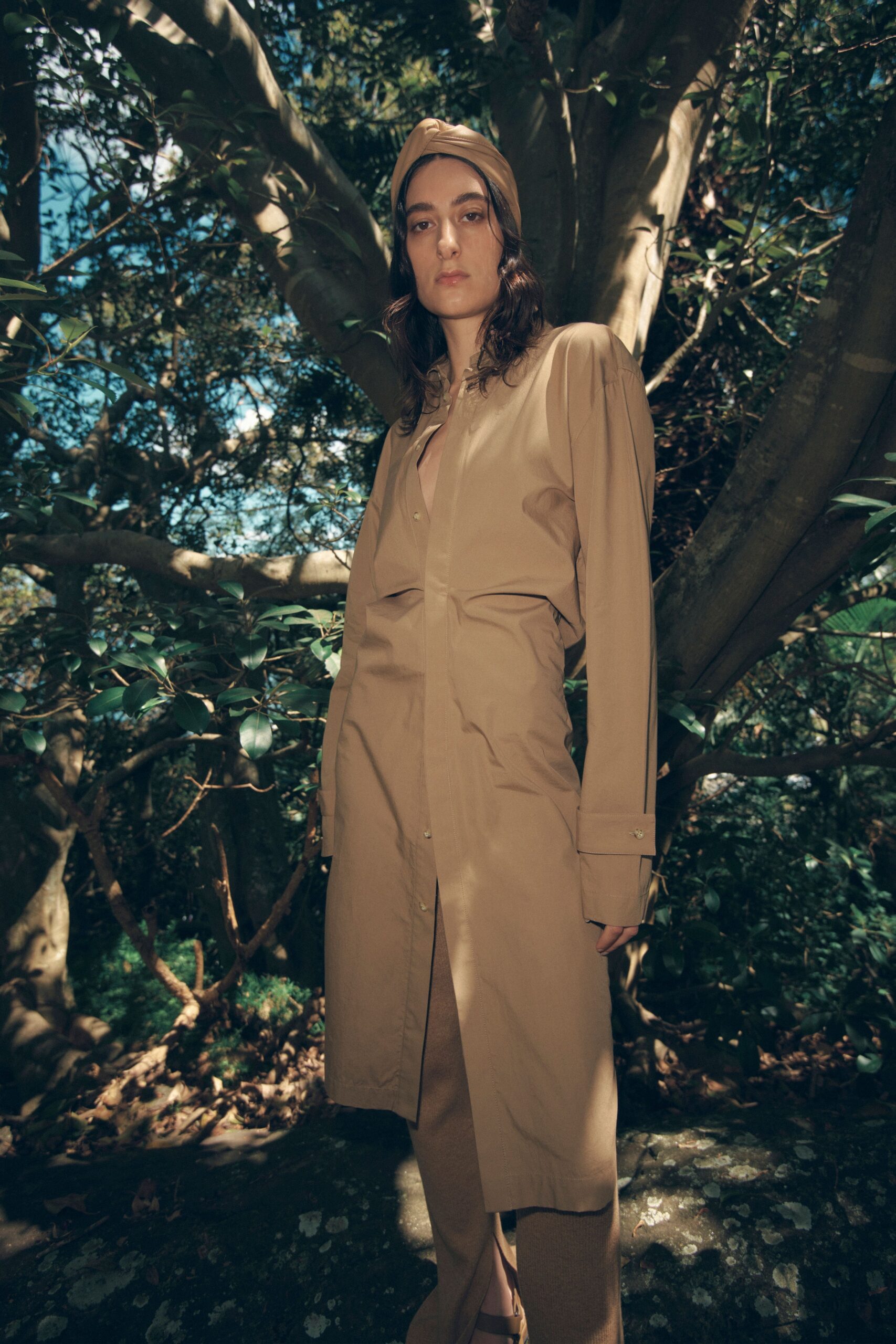 beige relaxed shirt-dress with pants