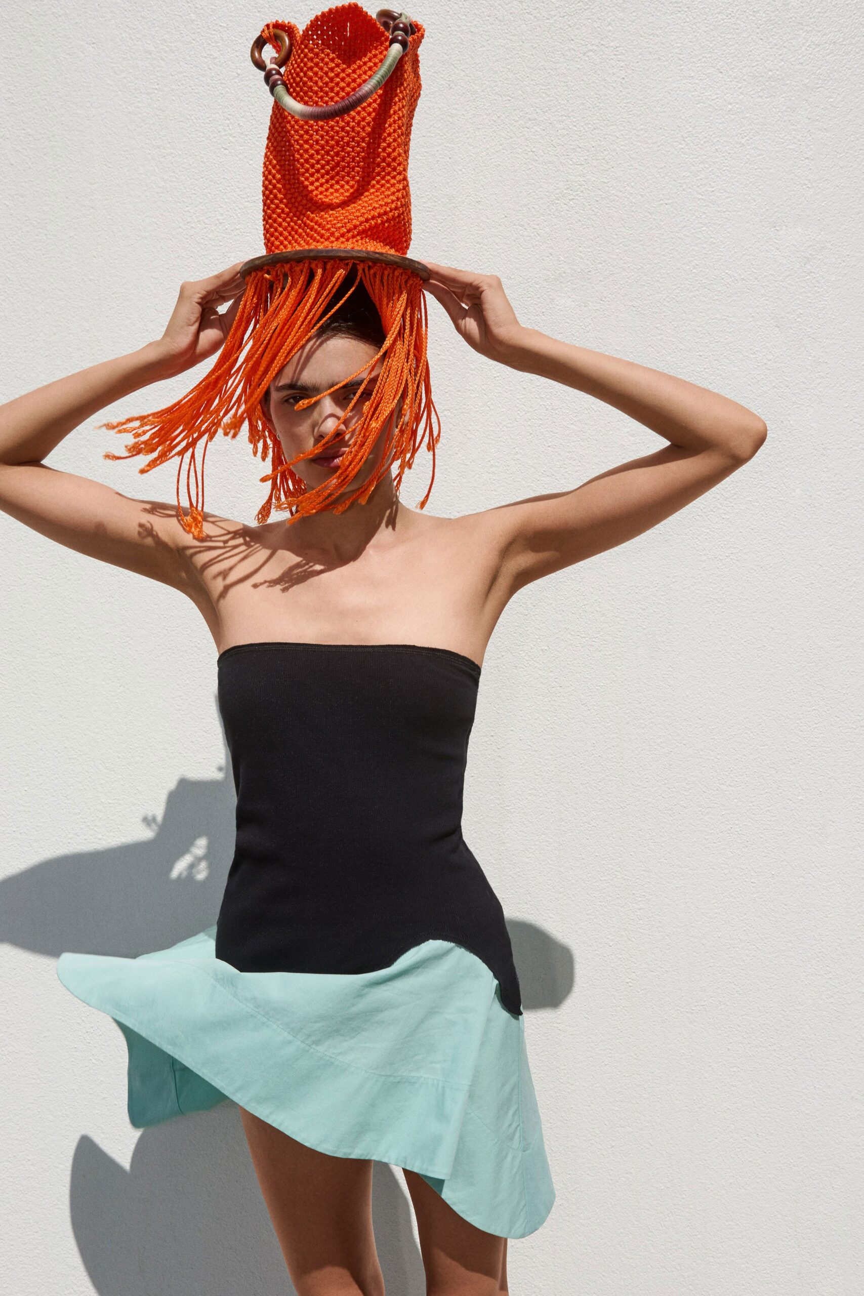 orange cotton structured fringed hat