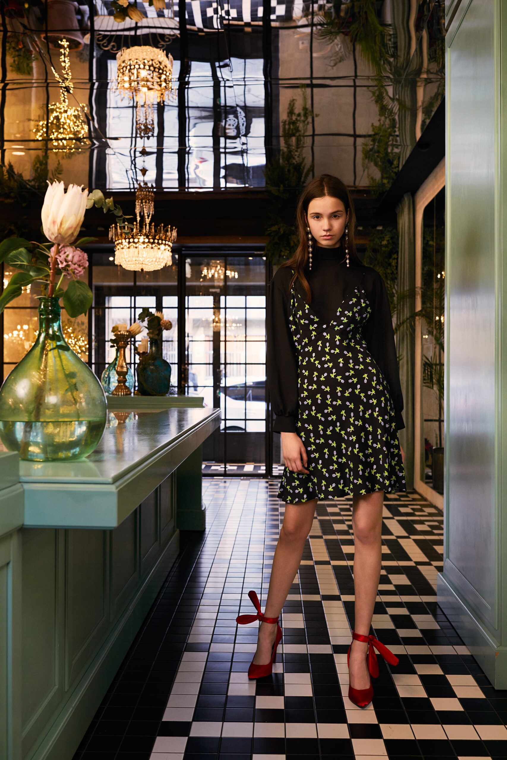 black and green mini dress with sheer top