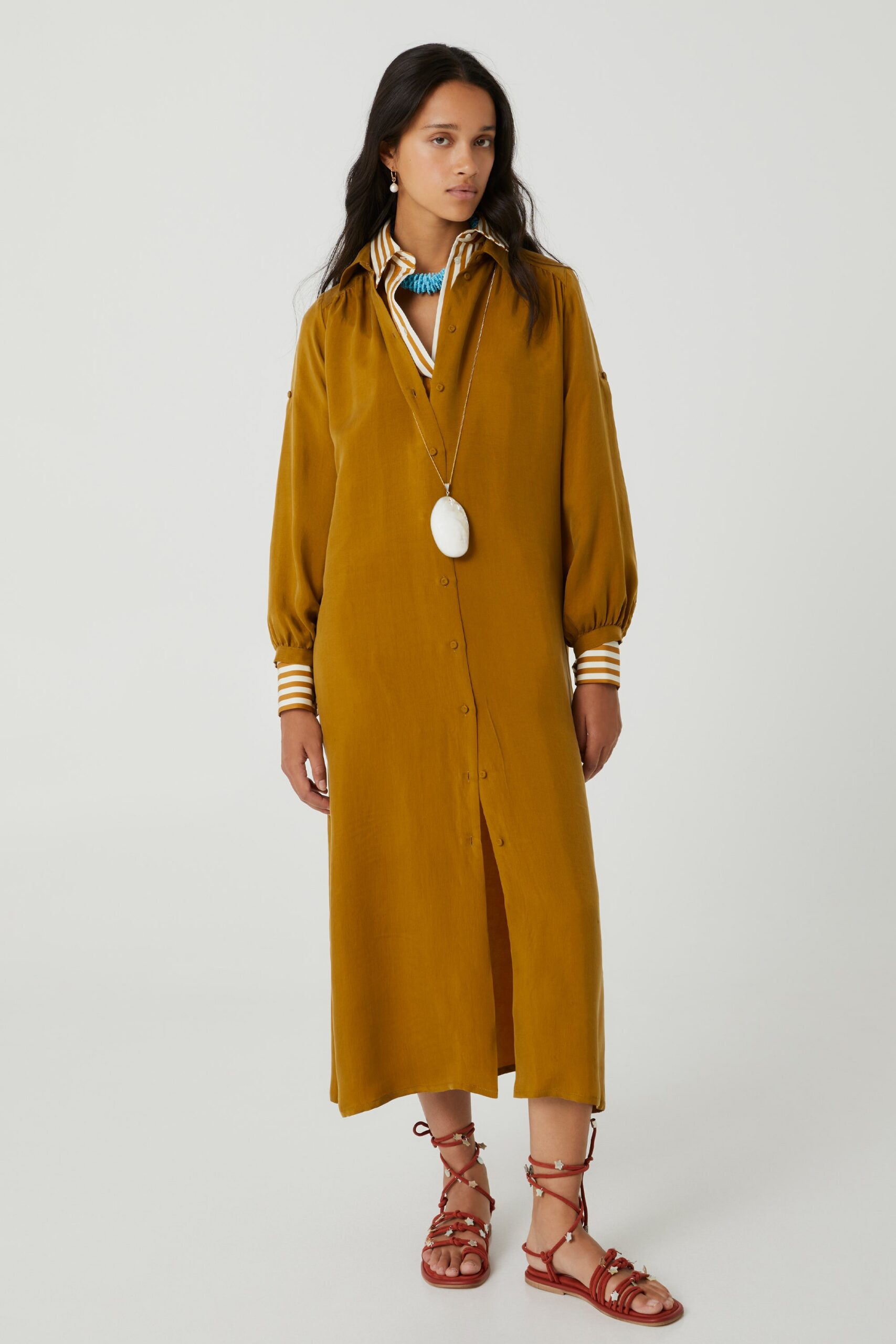 mustard button-front shirt dress