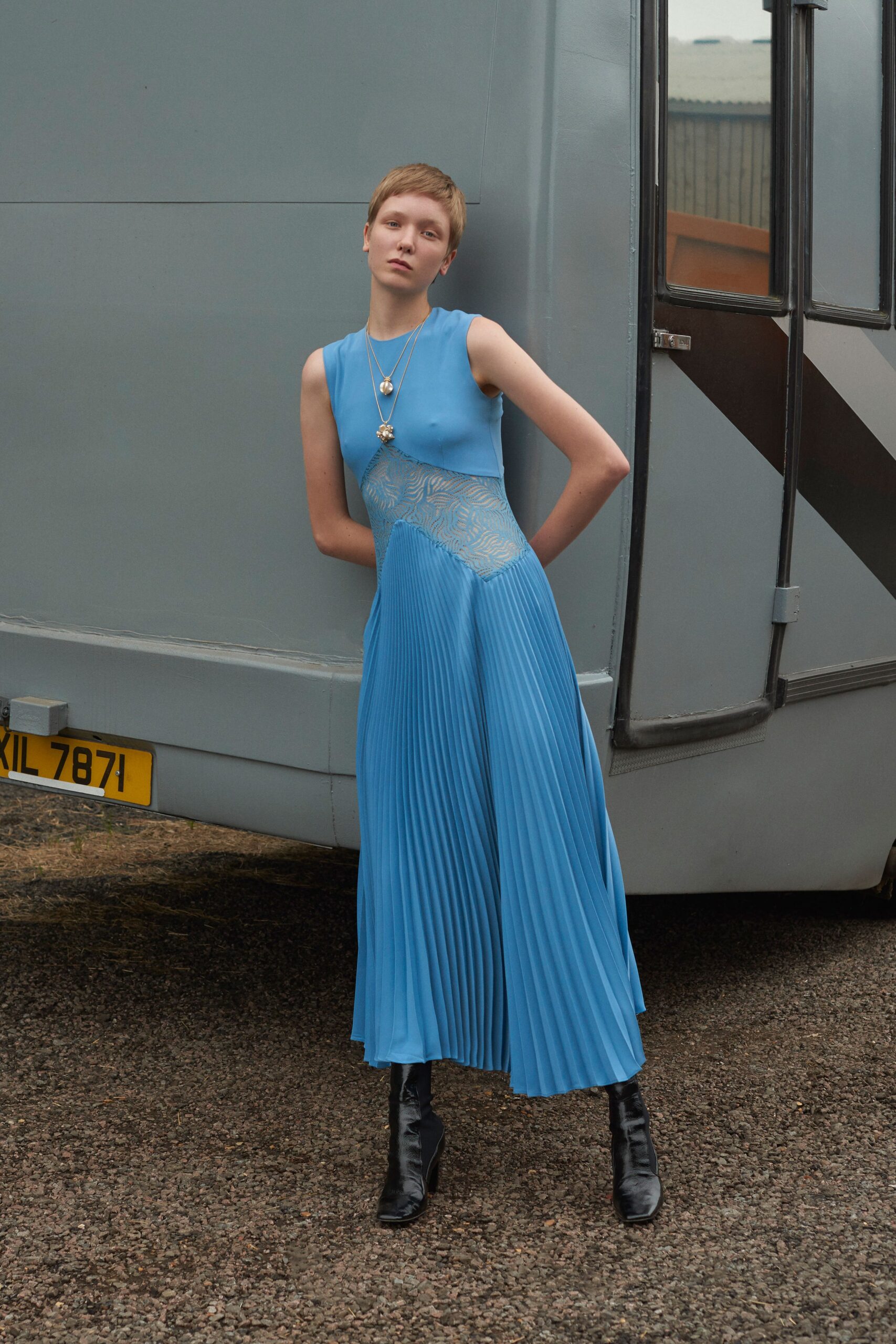 blue pleated asymmetric maxi-dress