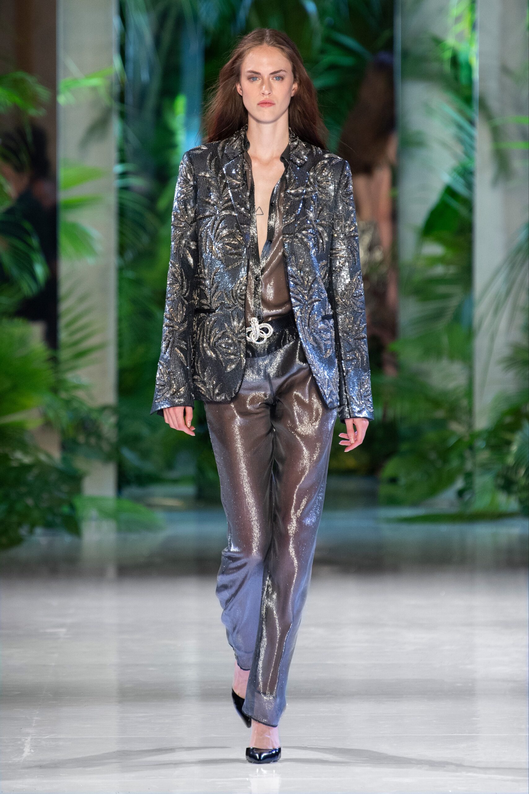 shiny silver fitted suit