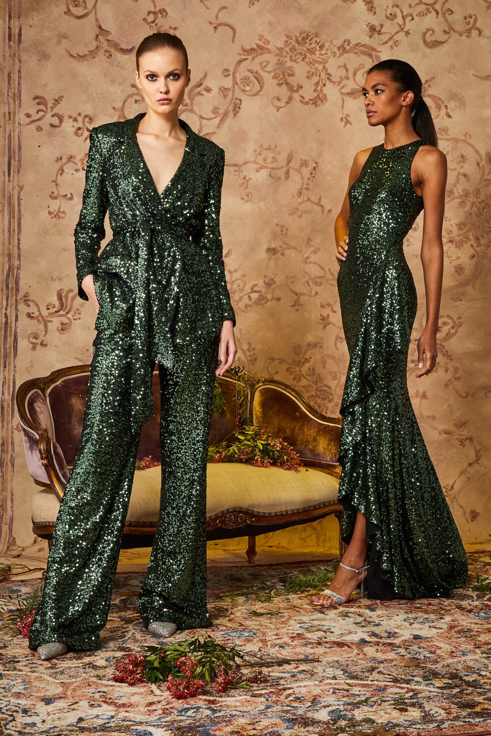 green sequin jumpsuit and gown