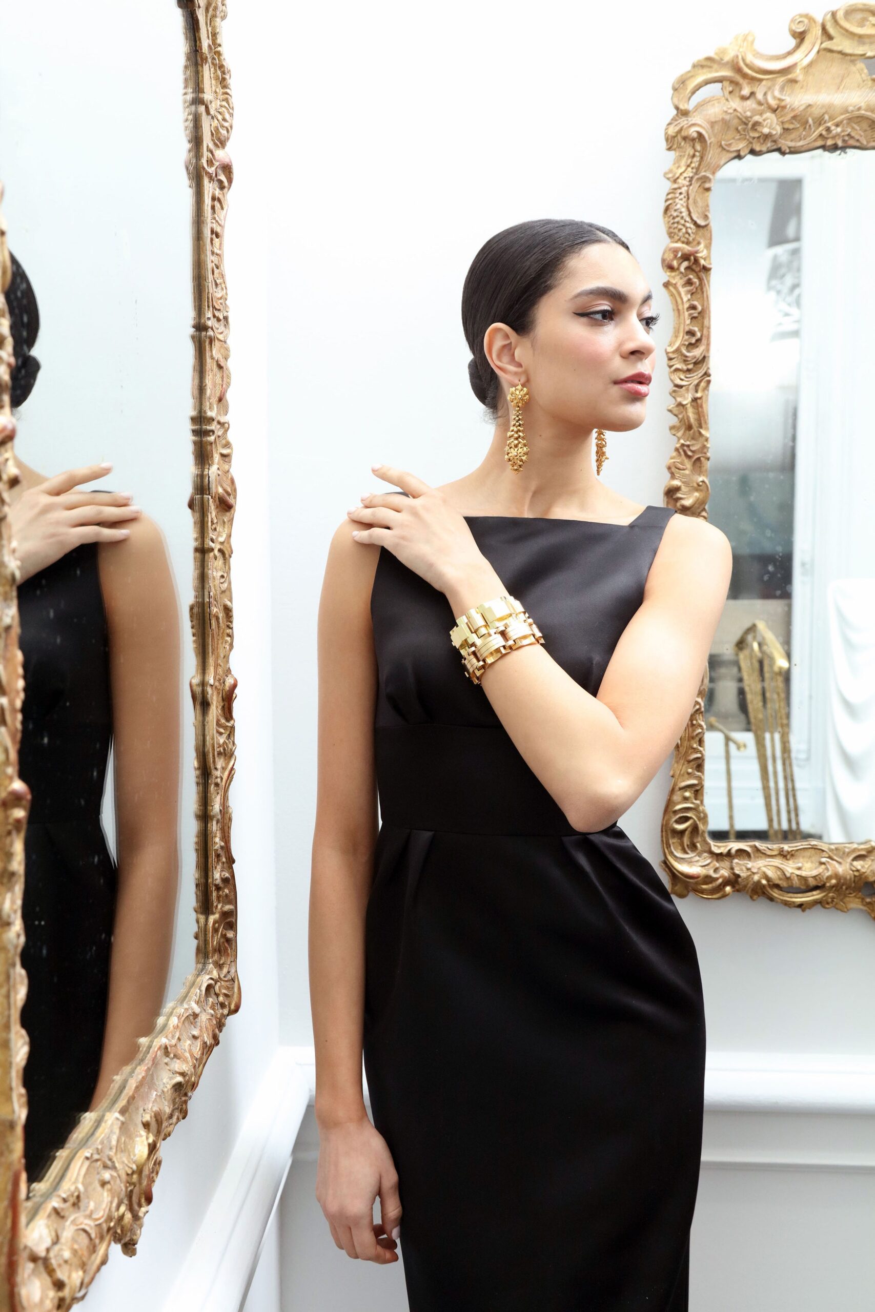 fitted black silk midi dress