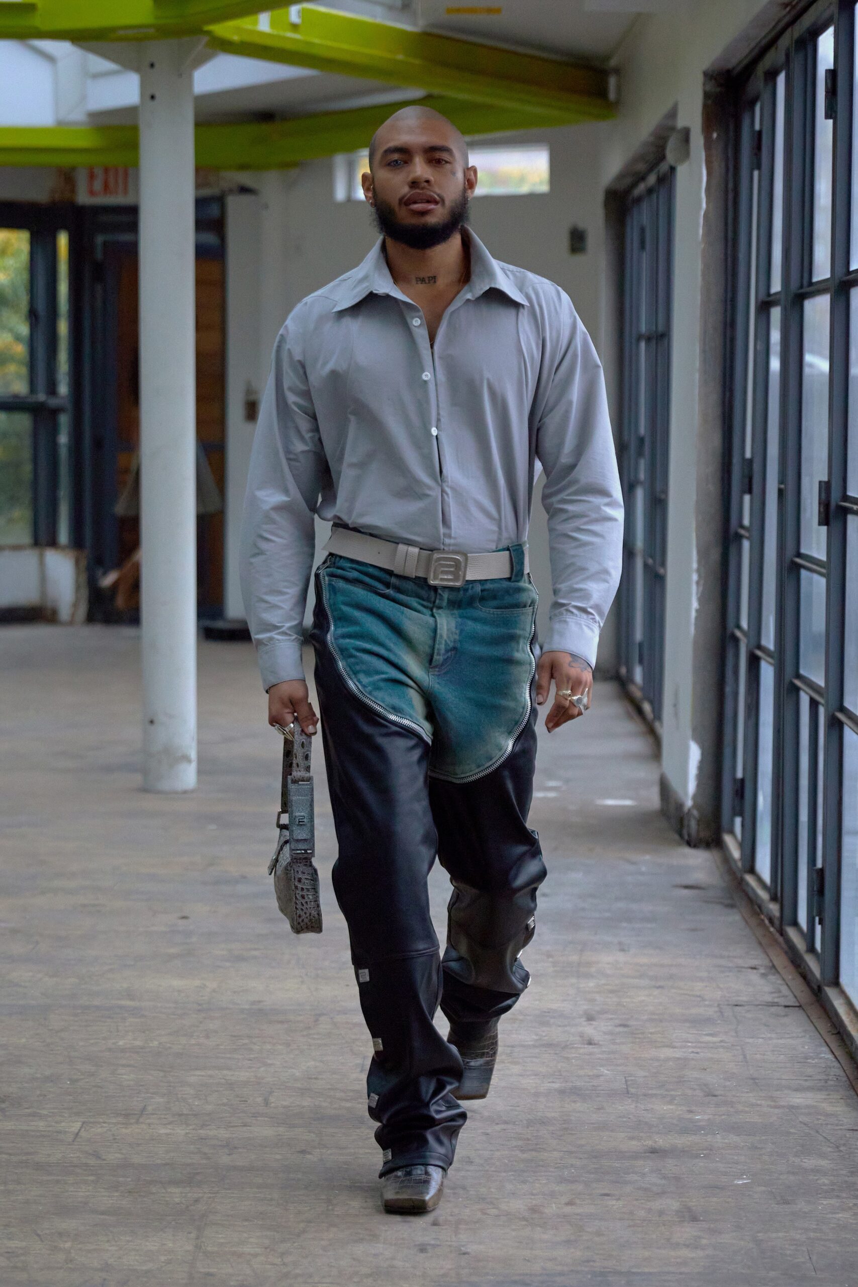 gray shirt black denim pants