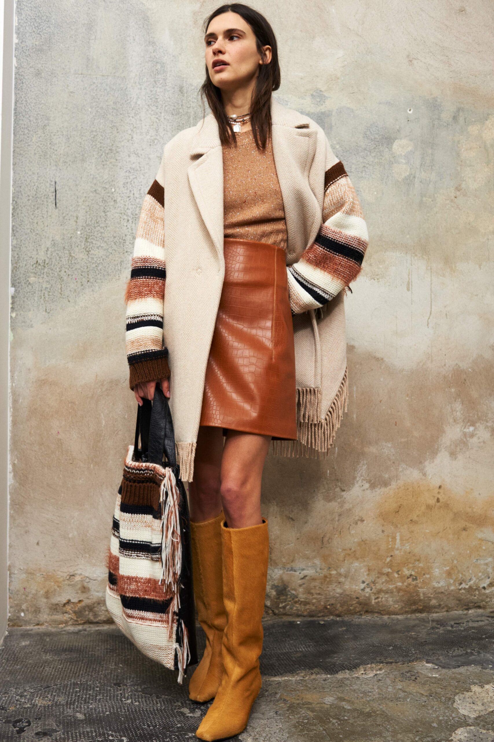 striped fringed oversized wool coat