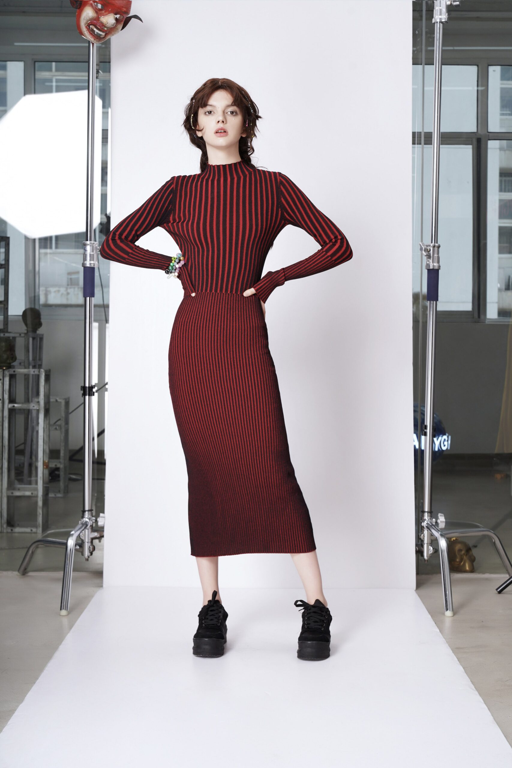 red and black striped midi dress