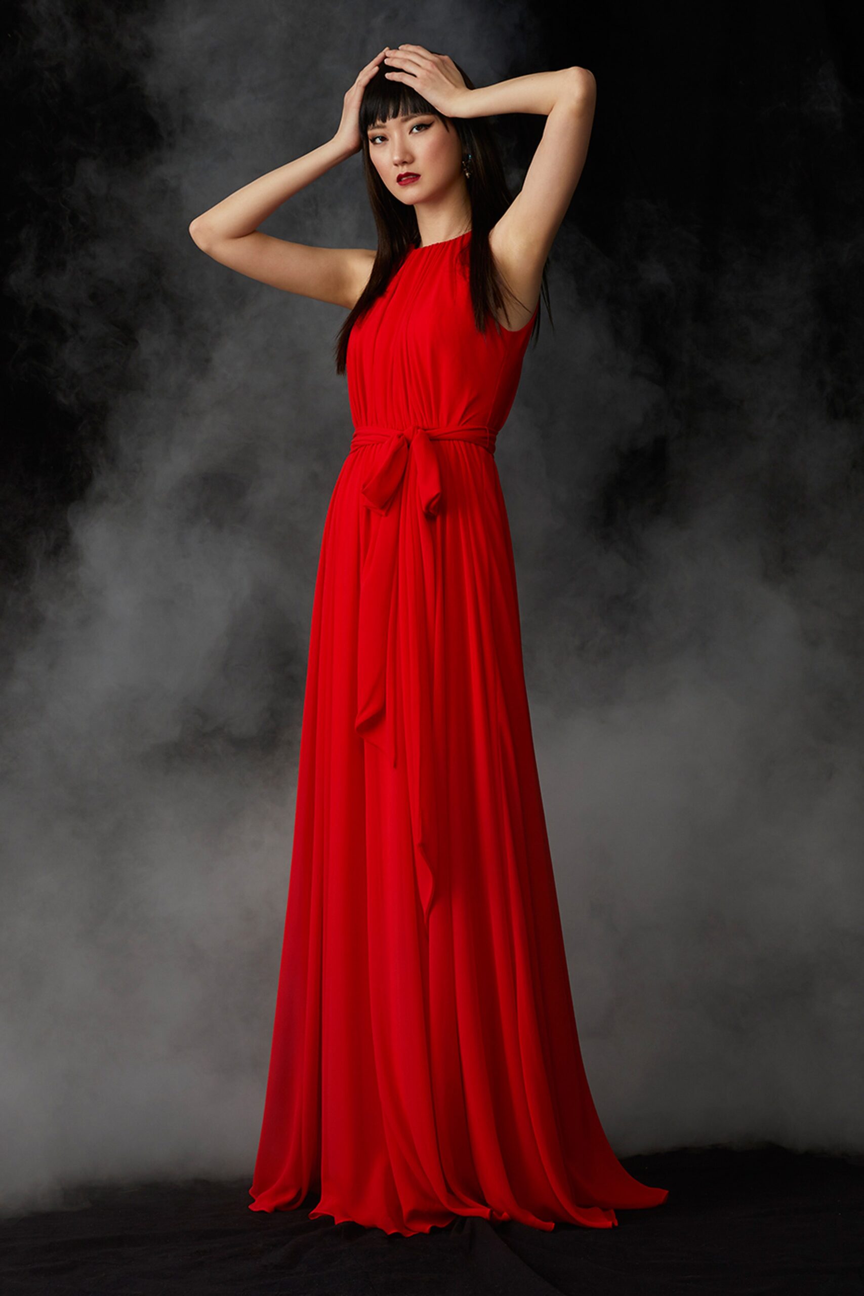 red chiffon sleeveless gown