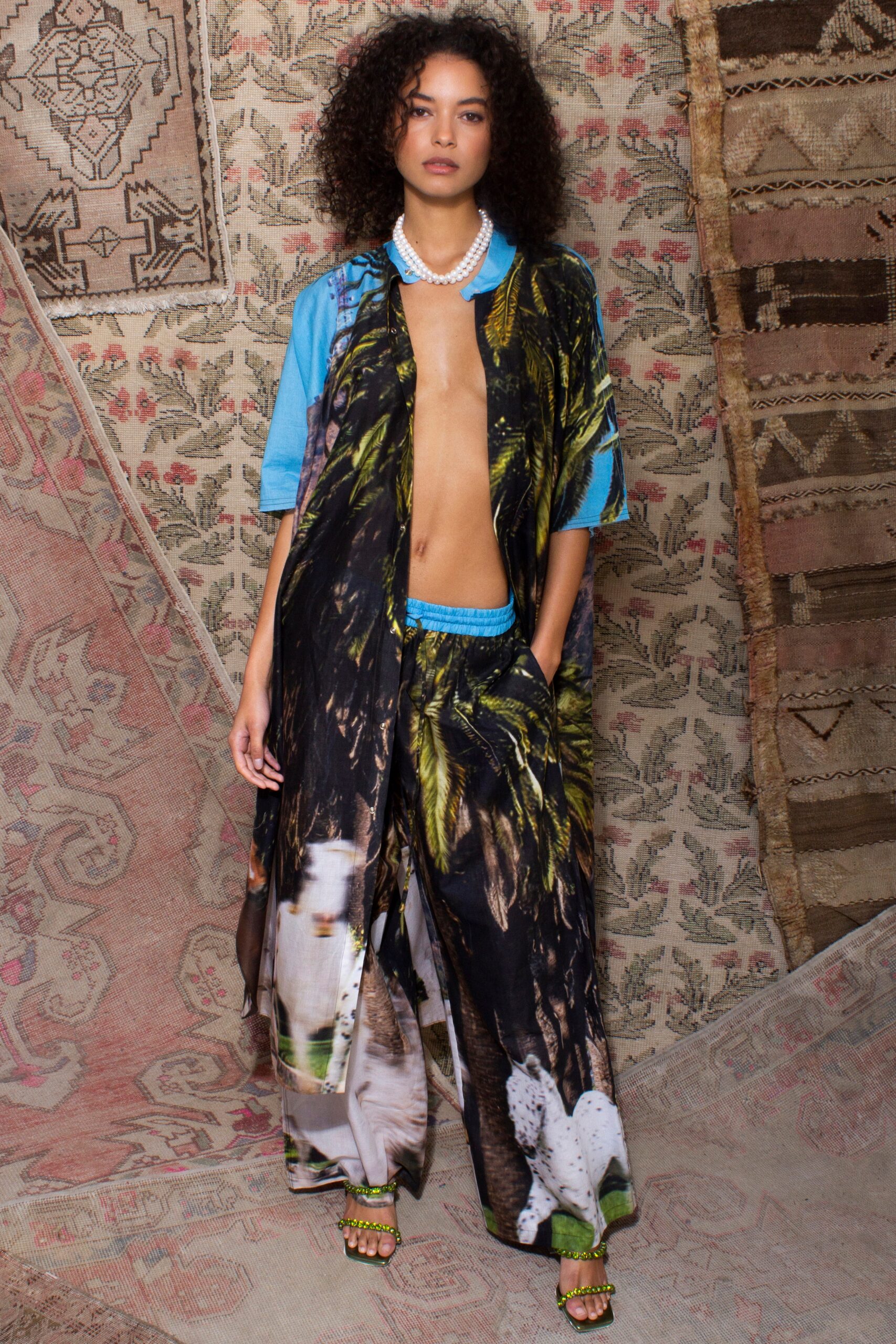 blue silk printed top and pants