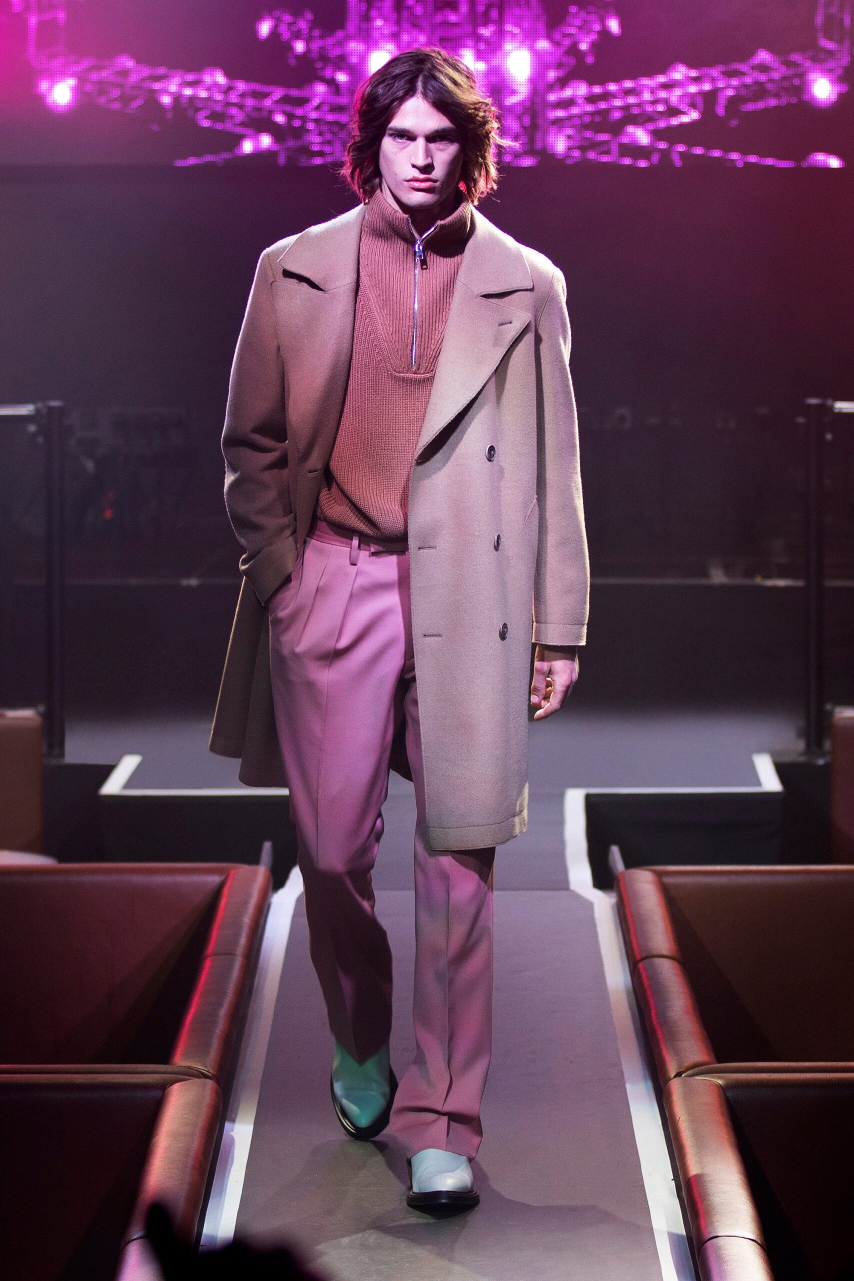 beige coat pink top and pants