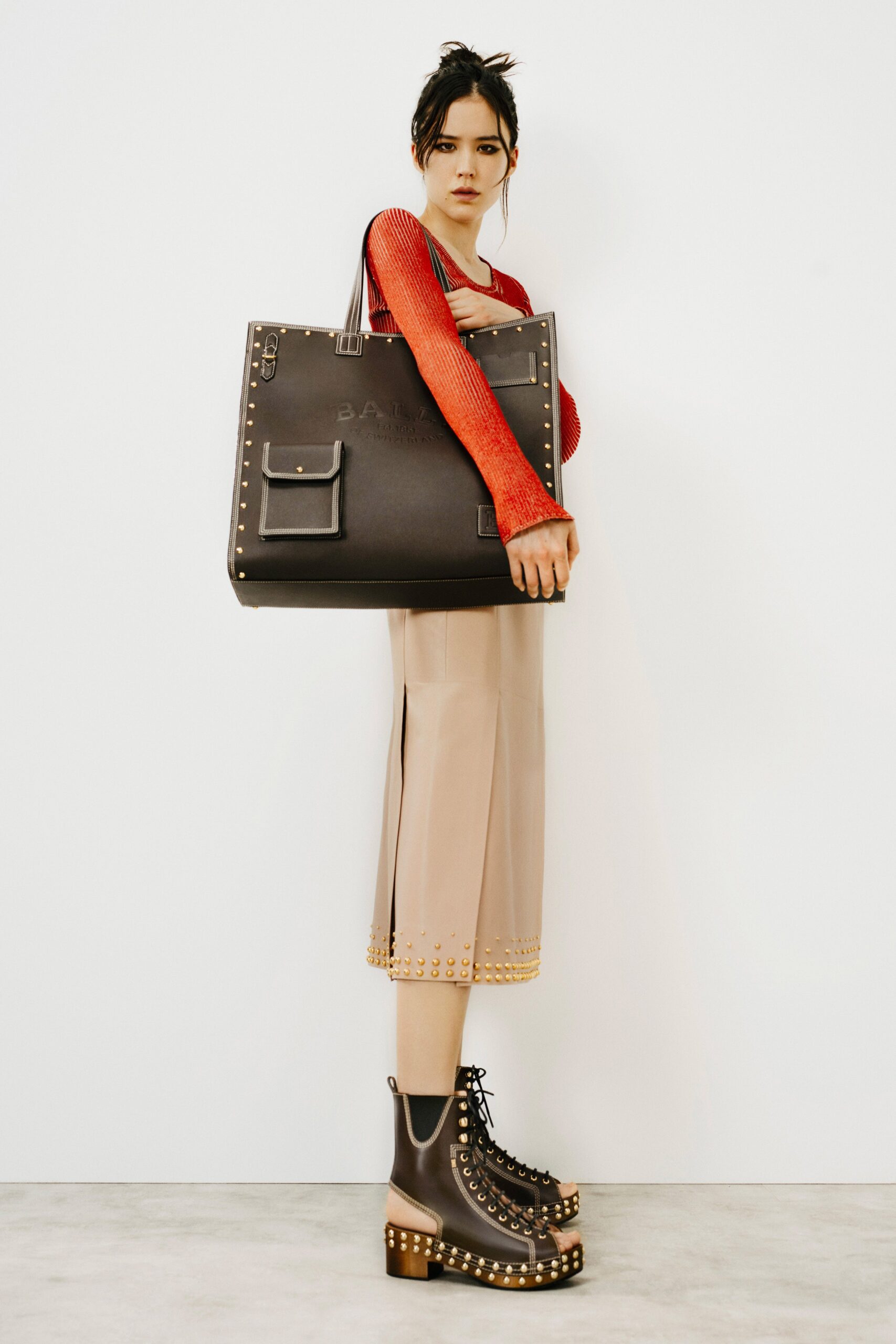 beige leather slit fitted pencil midi skirt