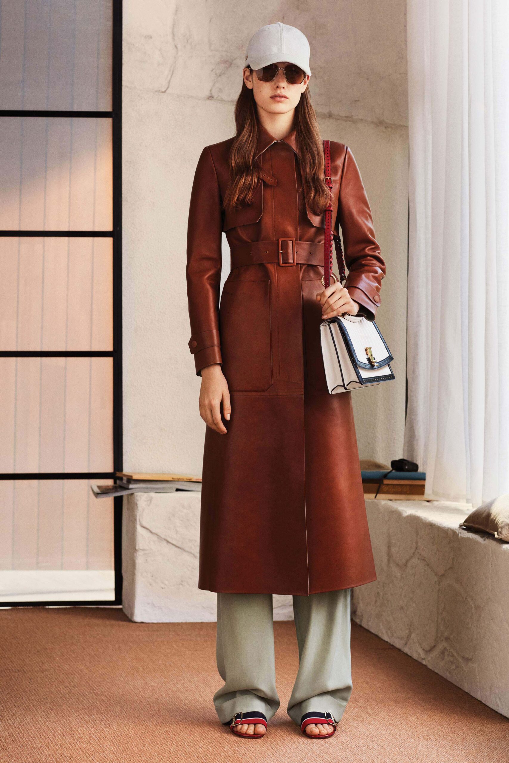 brown leather long-sleeve collared fitted buttoned belted coat
