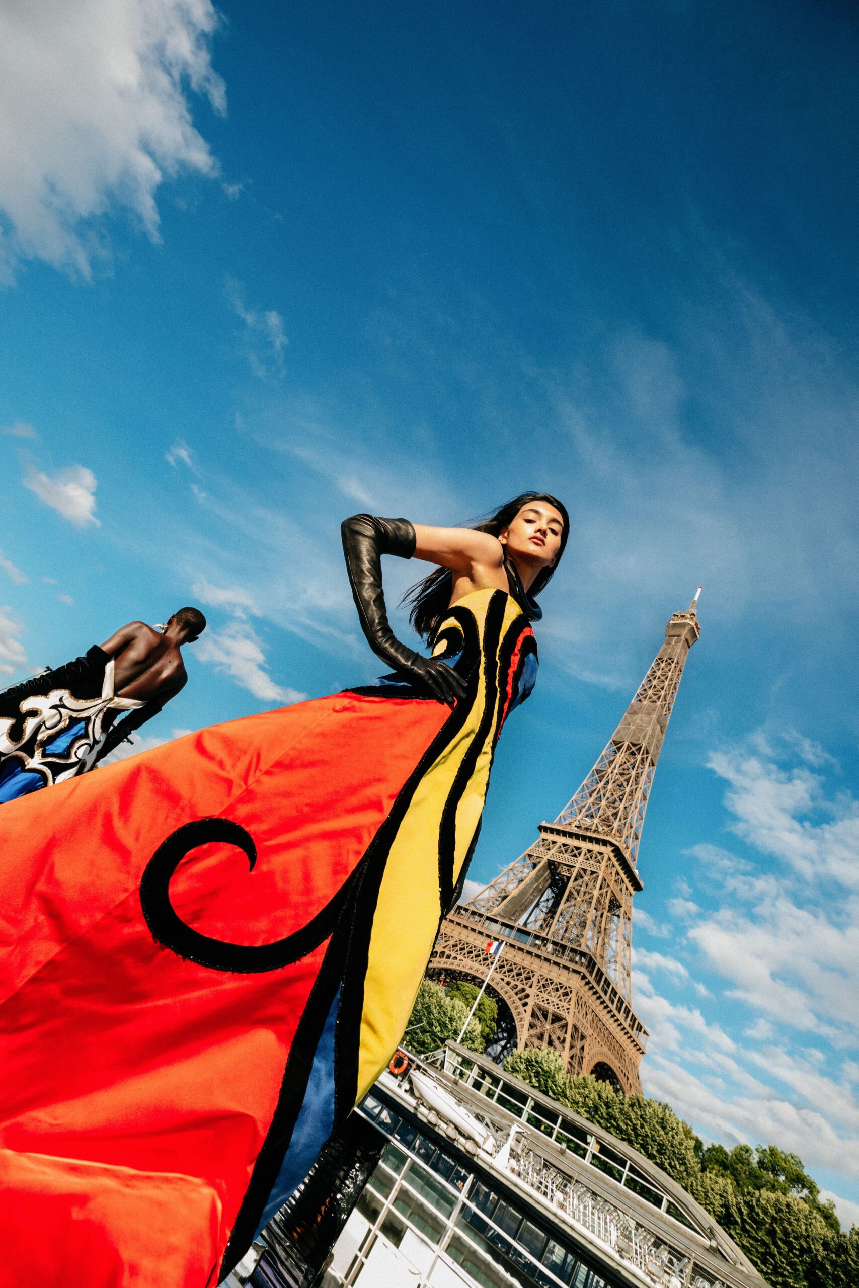 red and yellow silk gown with gloves