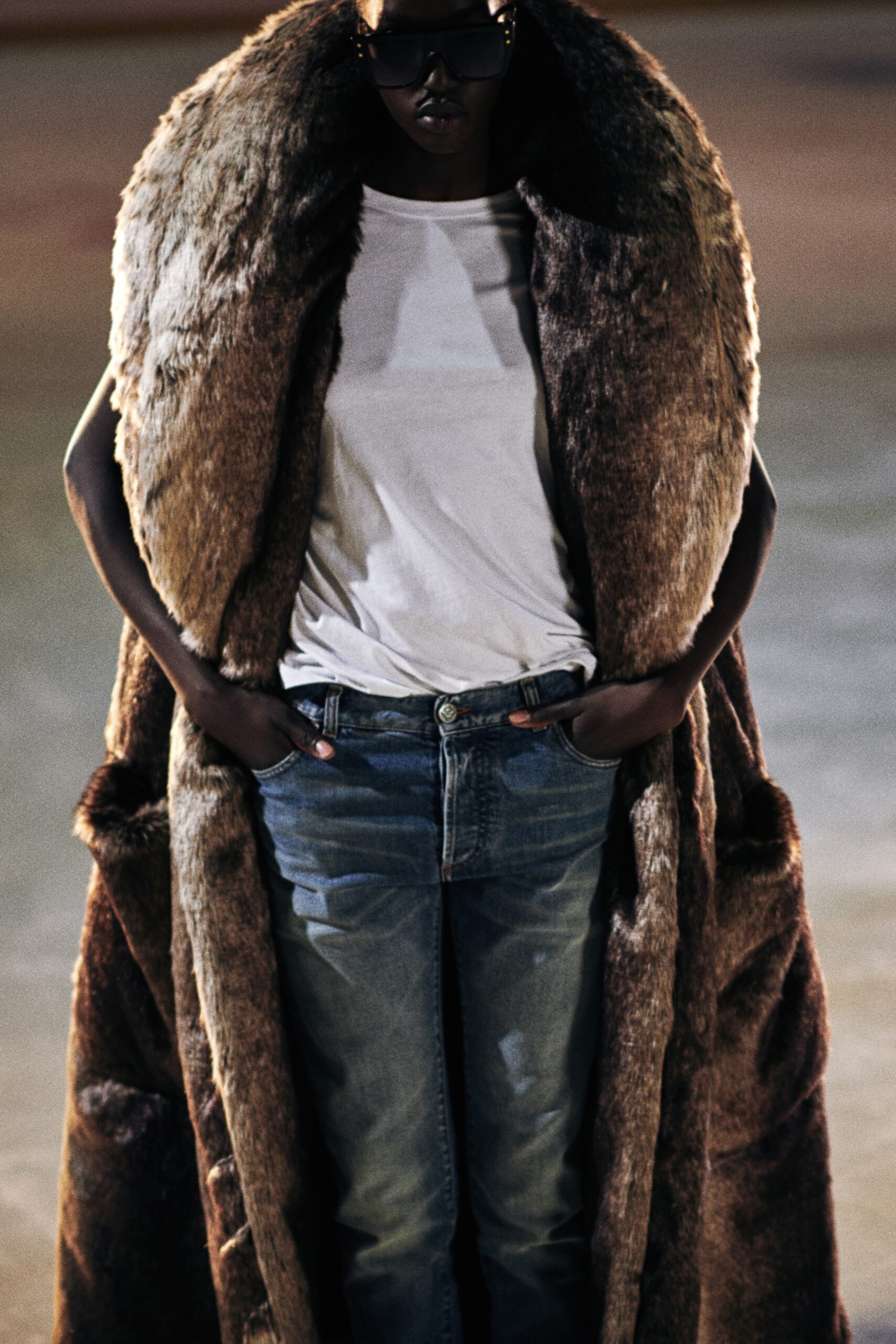 brown fur coat with jeans