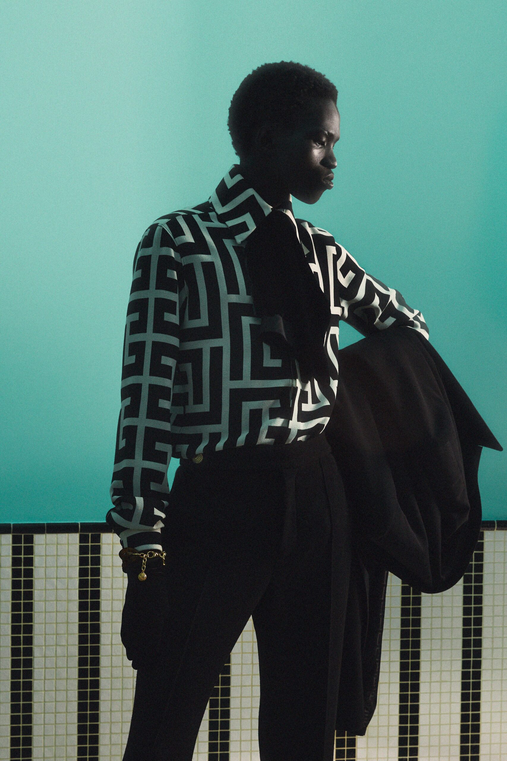 fitted black and white shirt with tailored pants