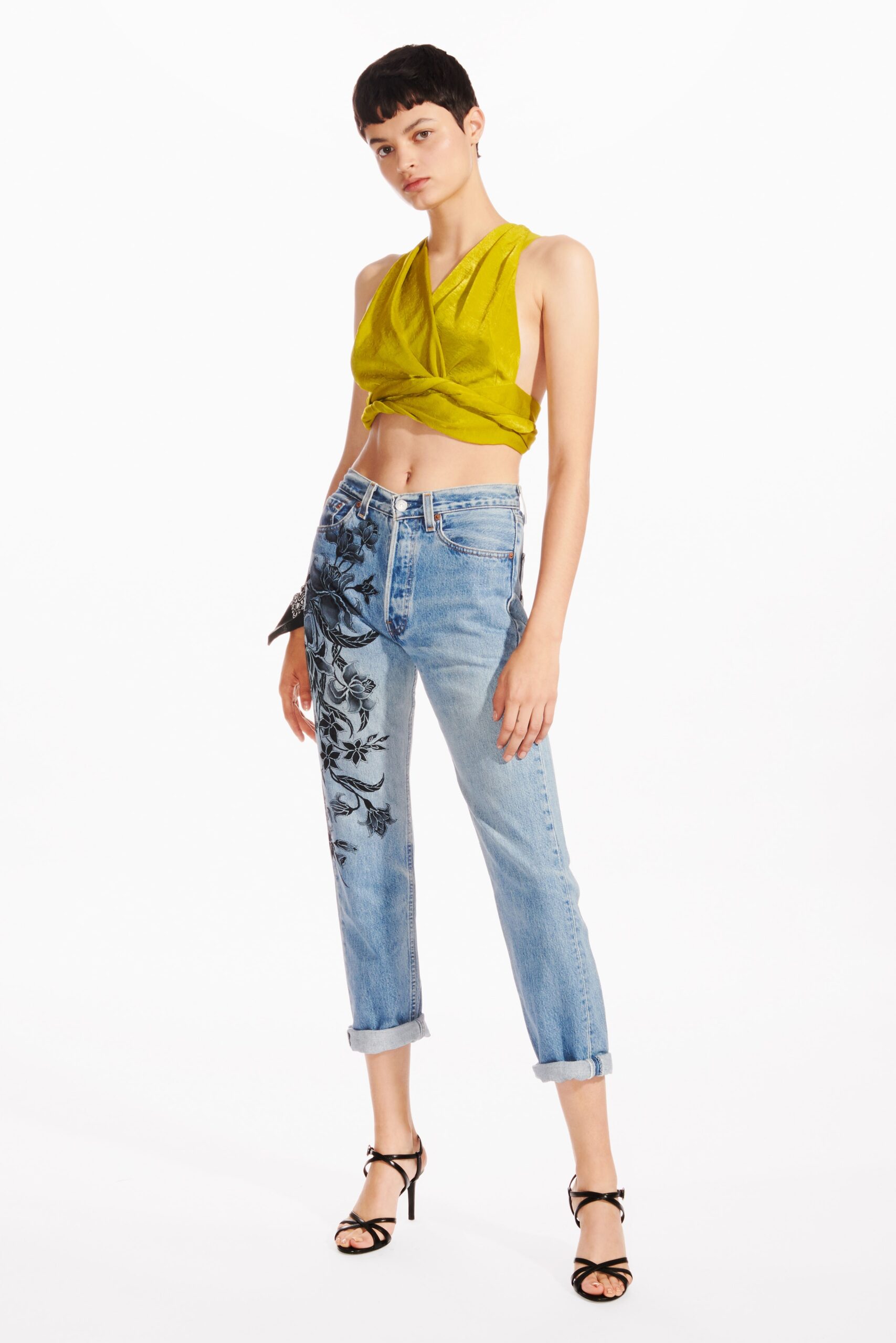 blue denim relaxed straight-leg embroidered pants