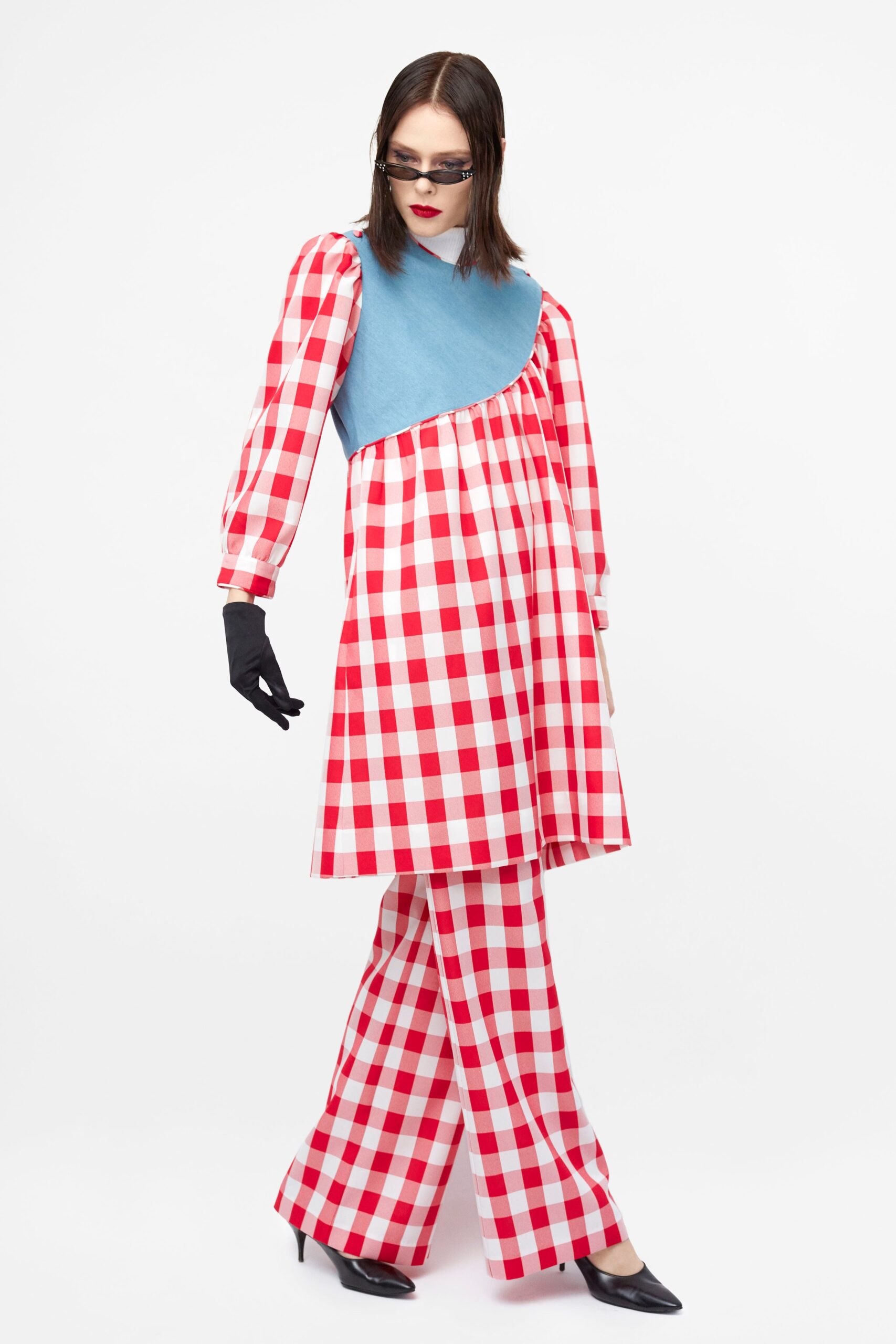red and white checked dress and pants