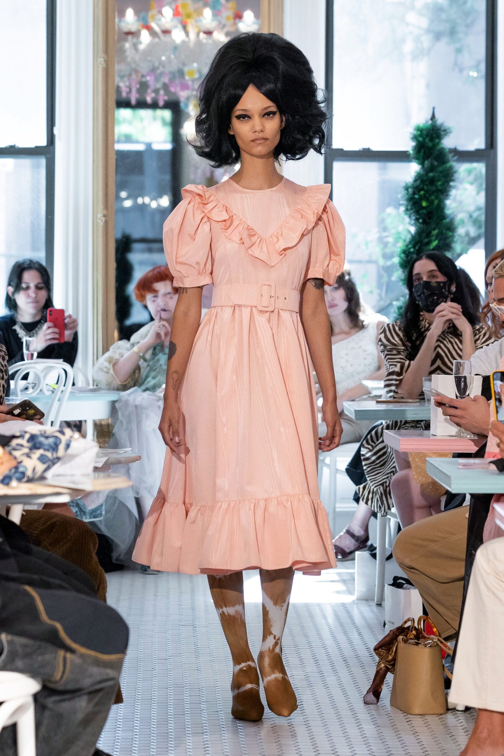 pink ruffled midi dress