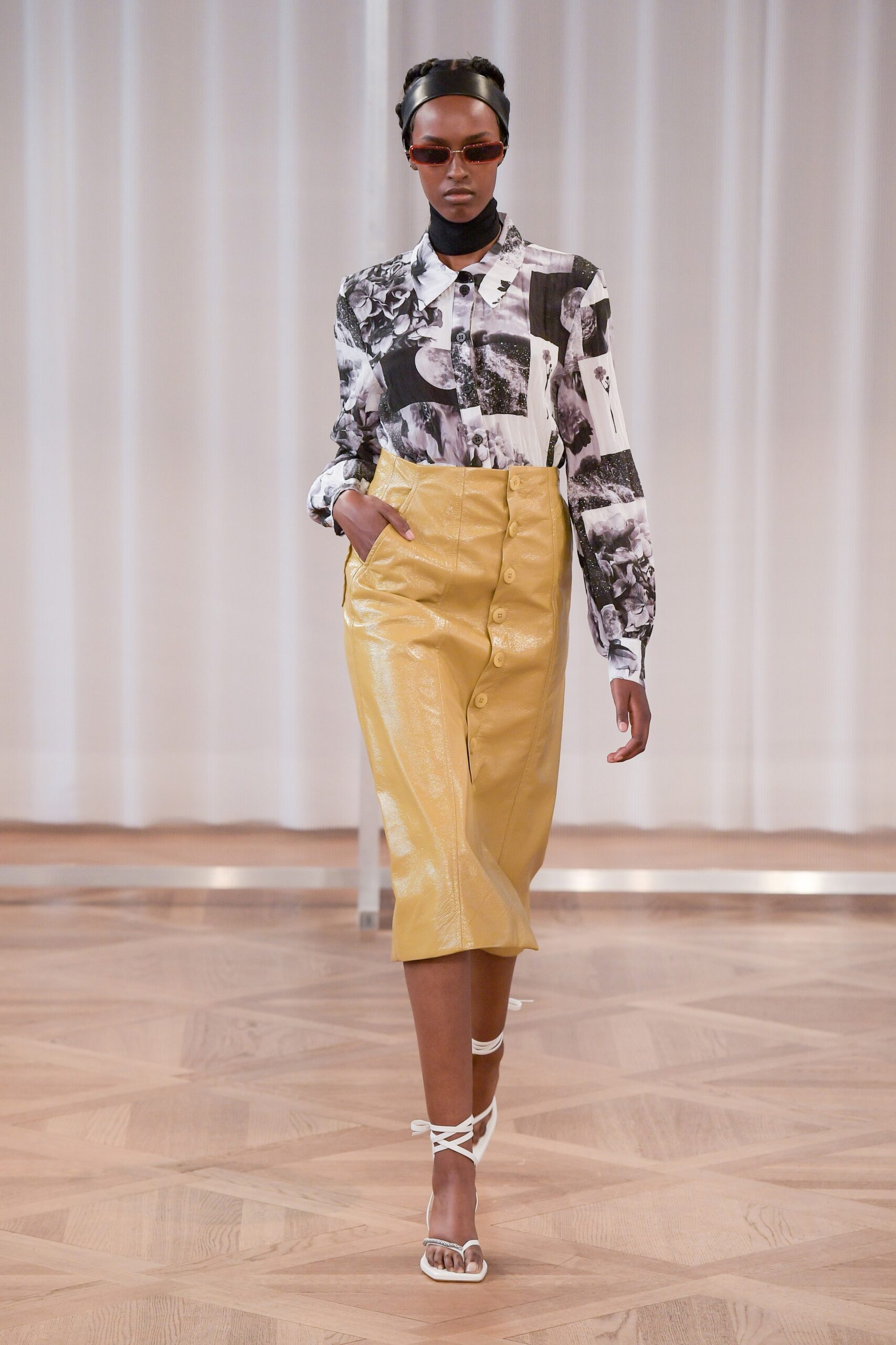 black and white printed shirt with yellow pencil skirt