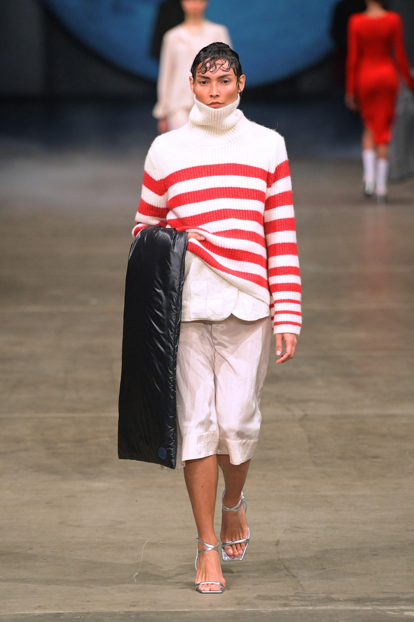 red and white striped sweater with relaxed pants