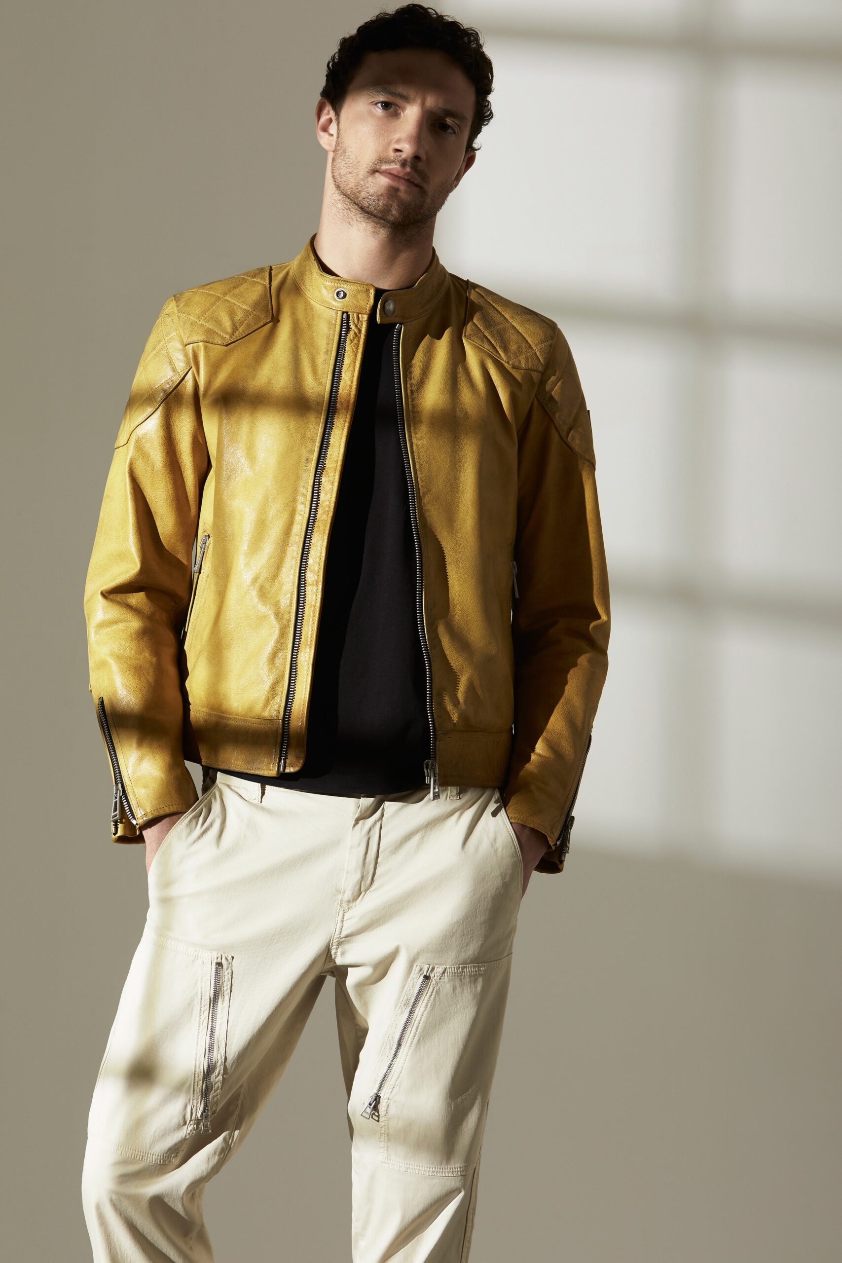 yellow leather zip-front jacket