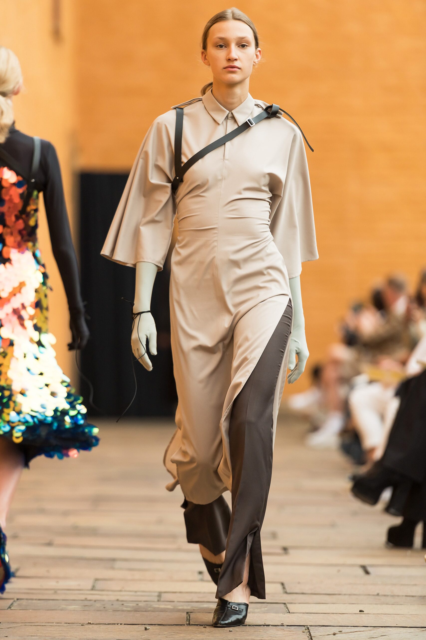 beige color-blocked collared jumpsuit