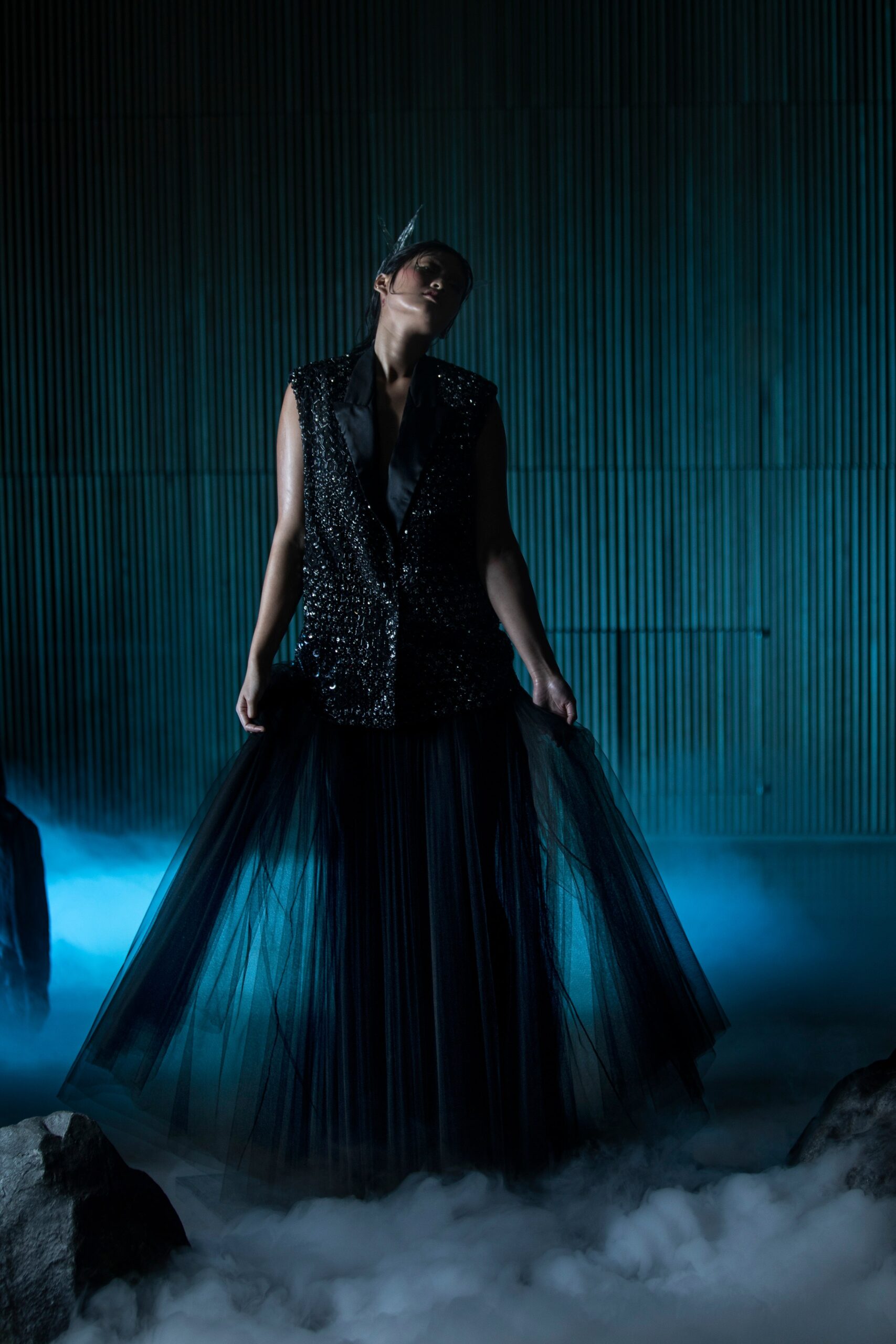 black sequined vest and tulle skirt