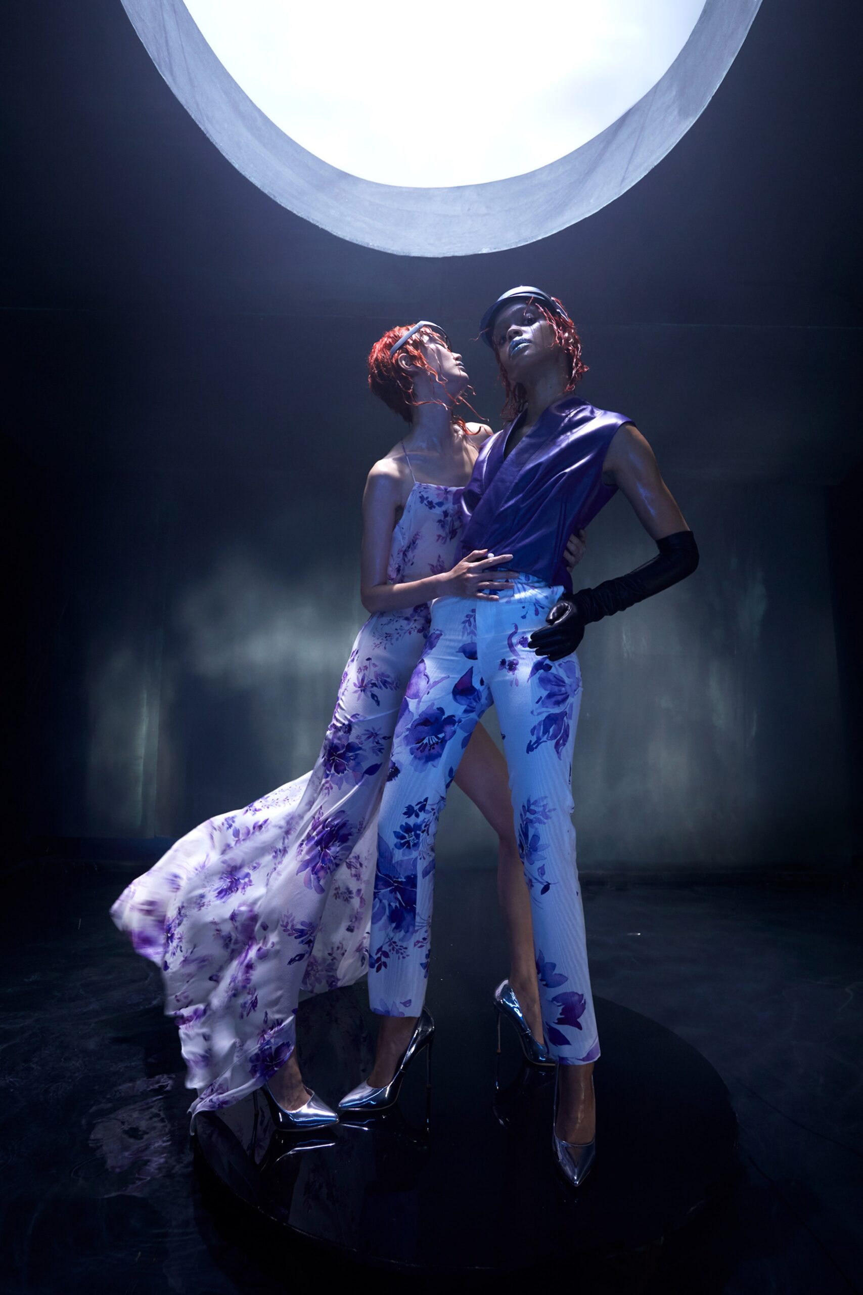 white silk slim flared pants
