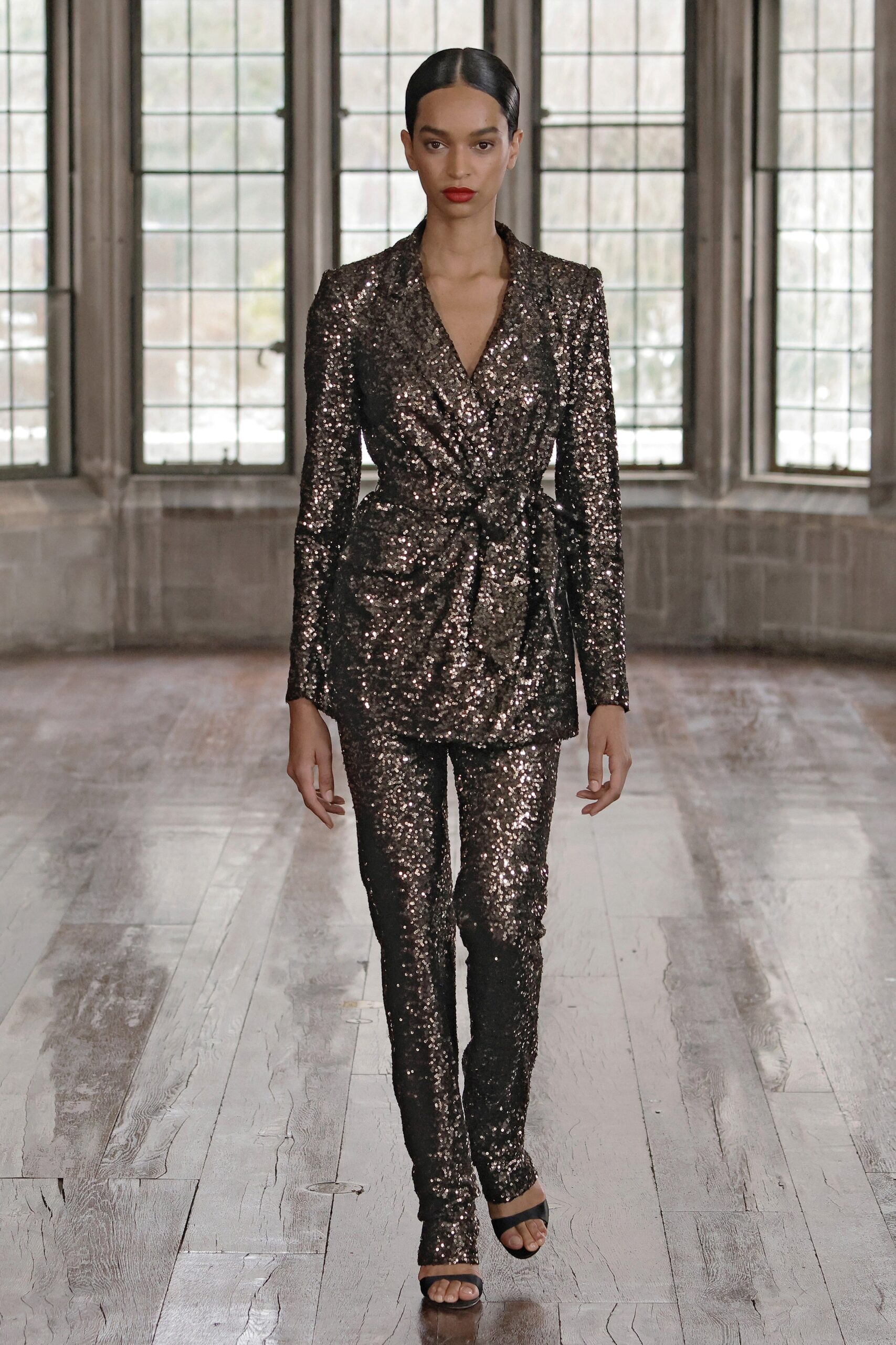black sequin fitted suit