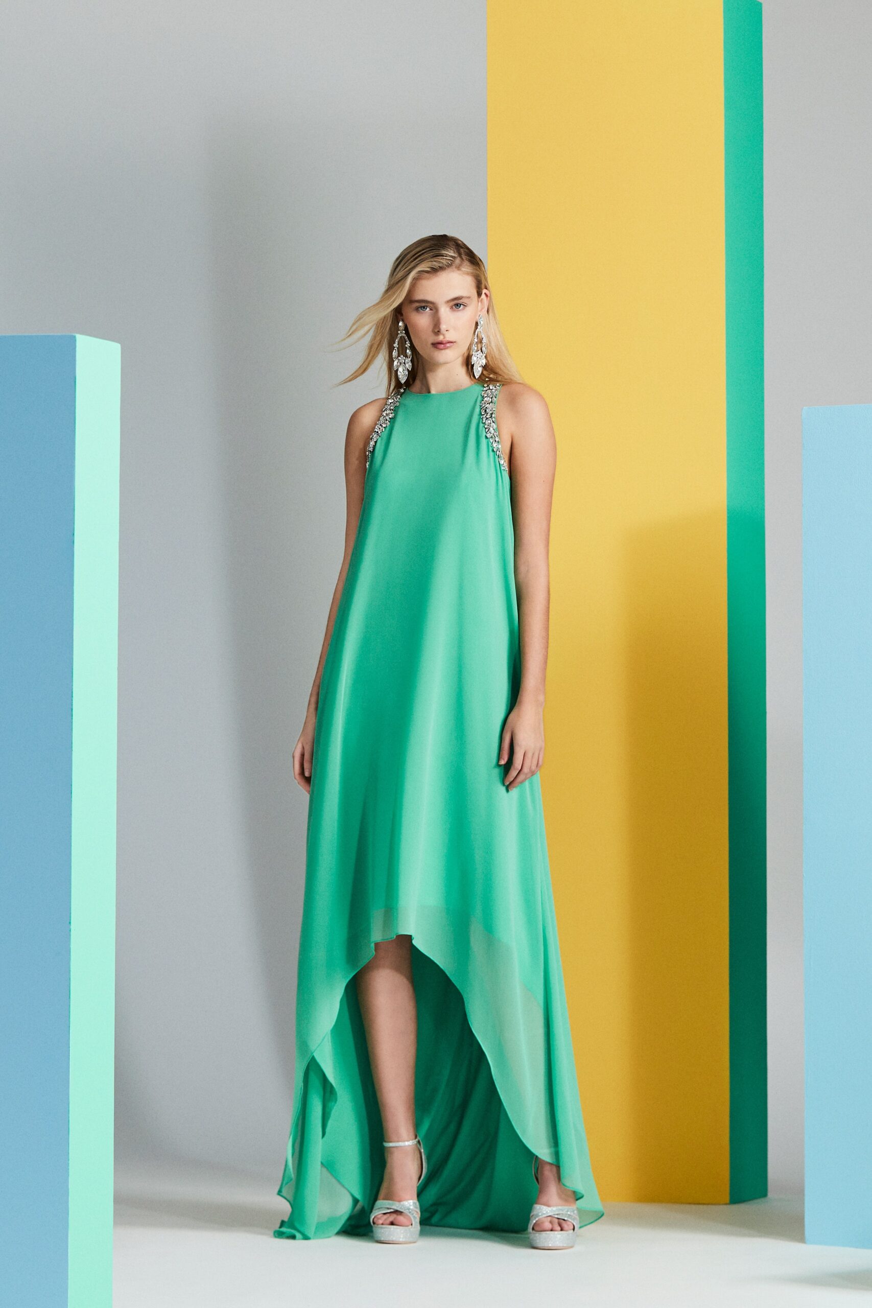 green chiffon sleeveless dress