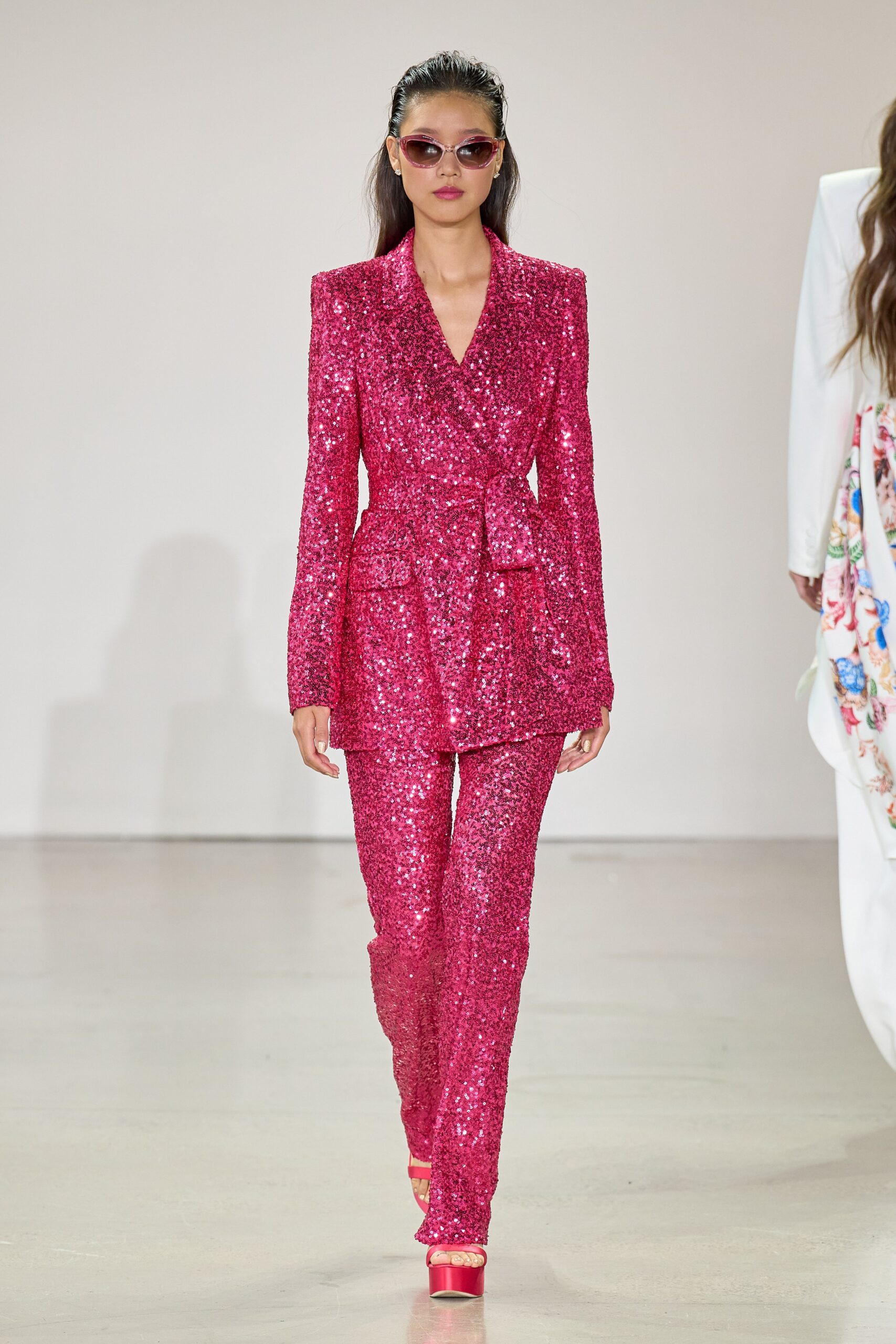 pink sequin long-sleeve collared fitted buttoned zippered suit