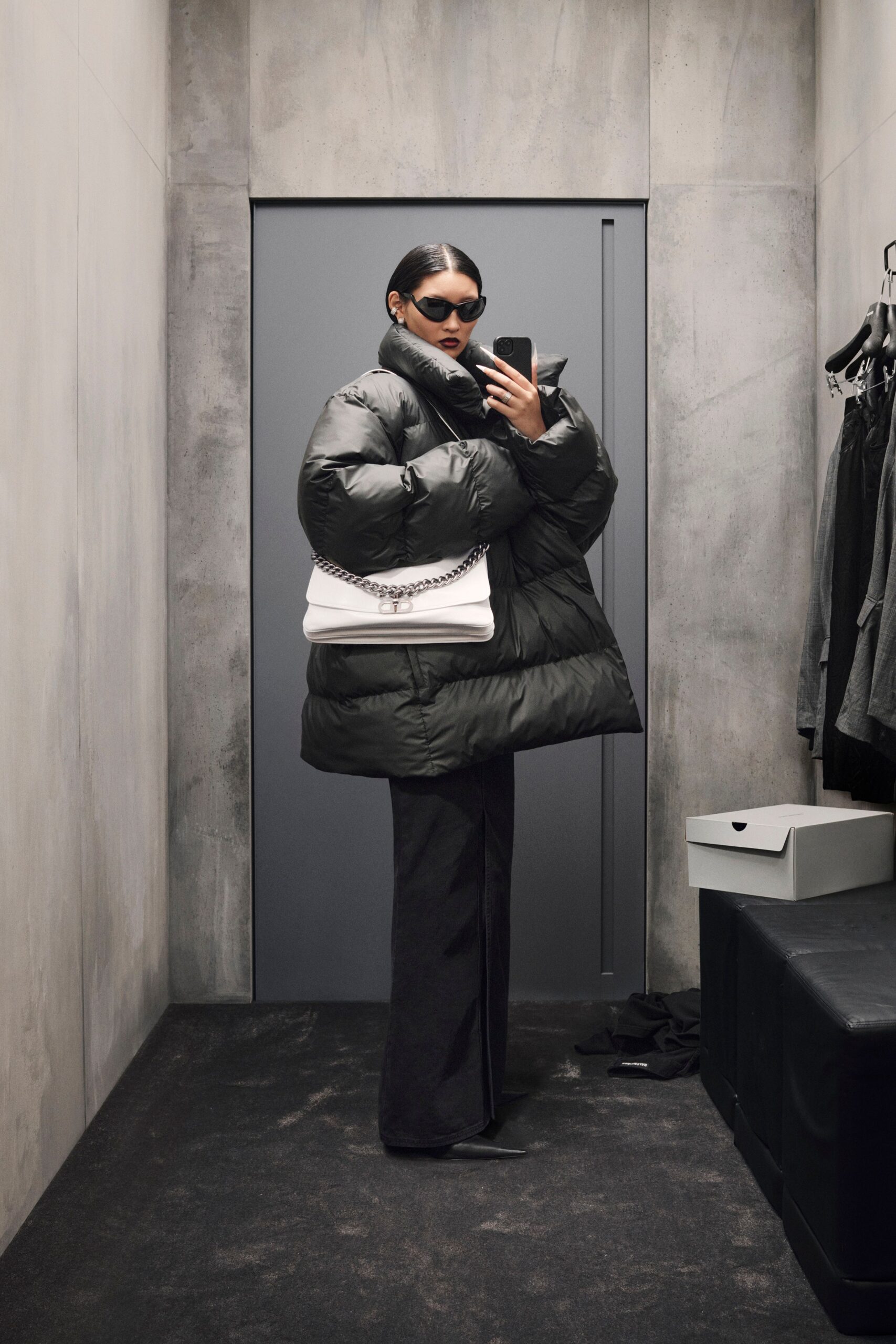 oversized black coat with fitted pants