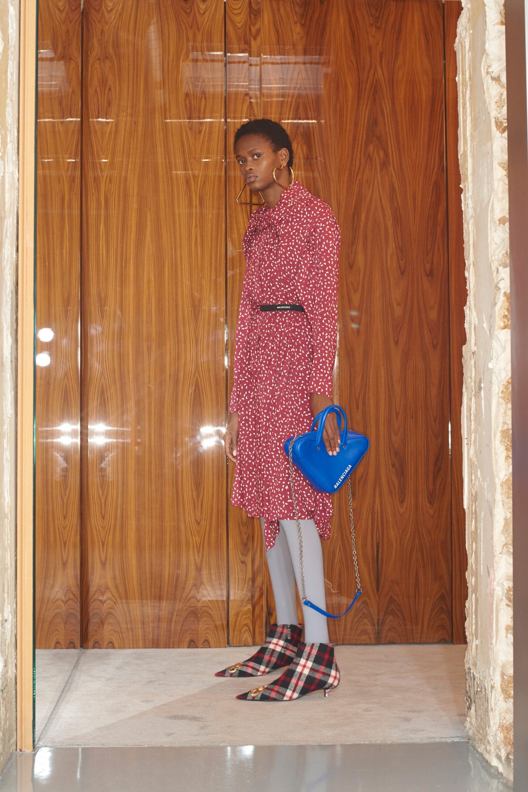 red long-sleeve collared fitted flared printed midi dress