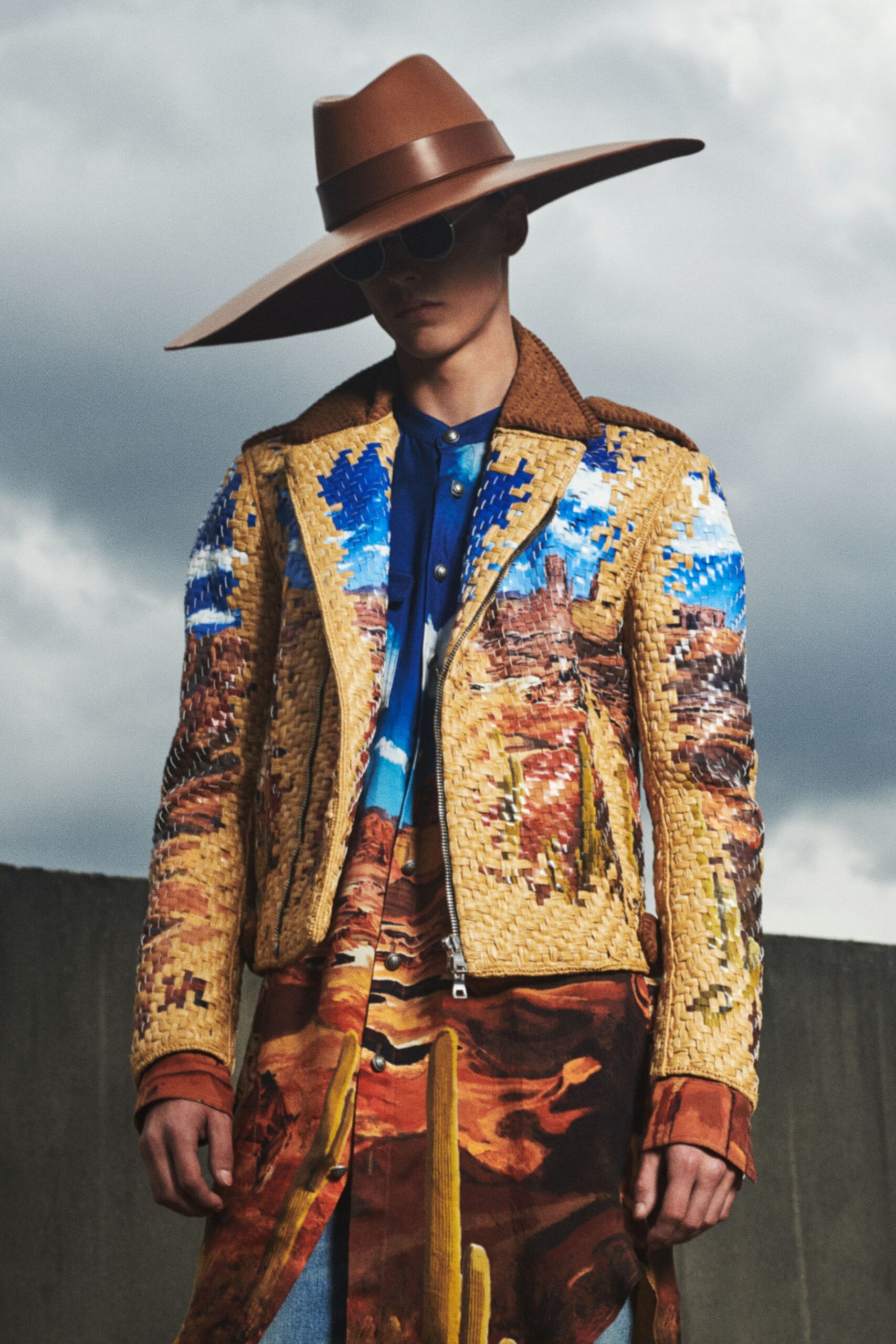 brown leather long-sleeve collared fitted zippered patchwork jacket