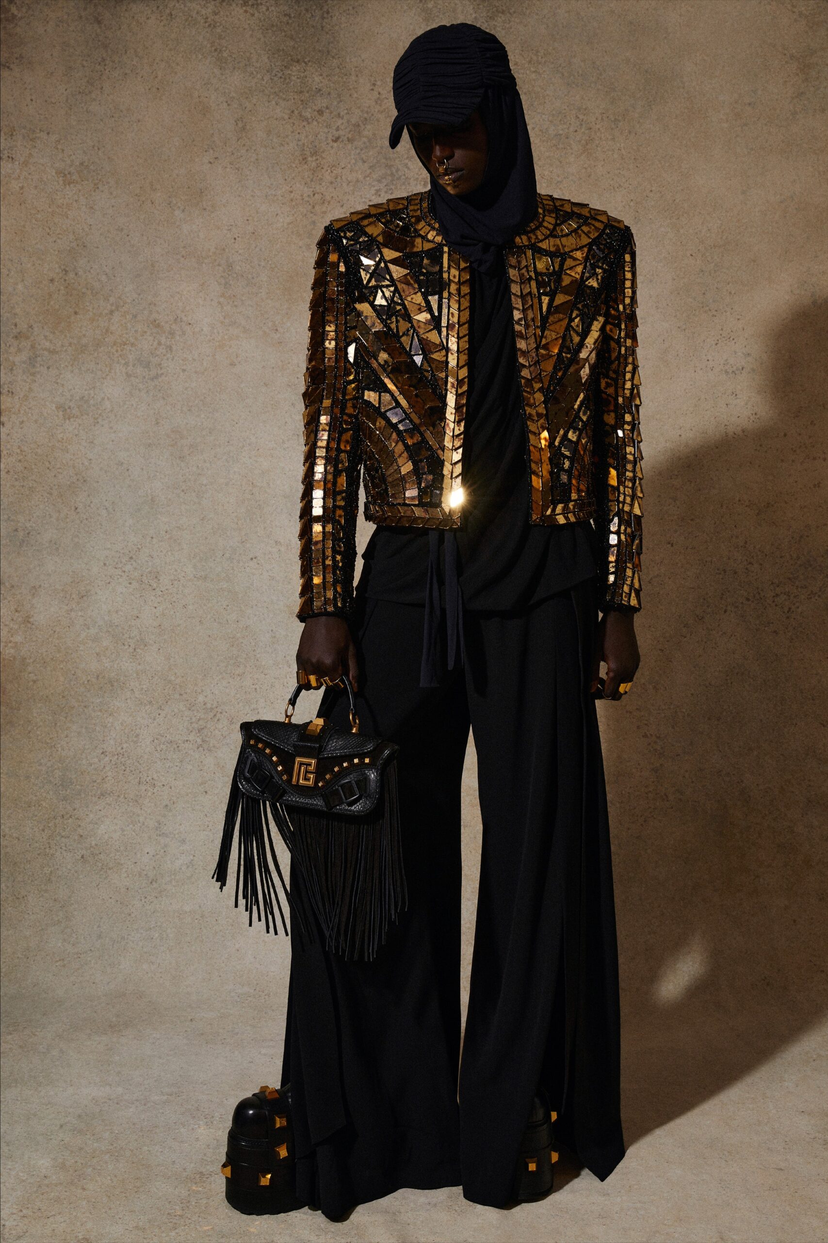 gold silk long-sleeve collared fitted embroidered shiny jacket