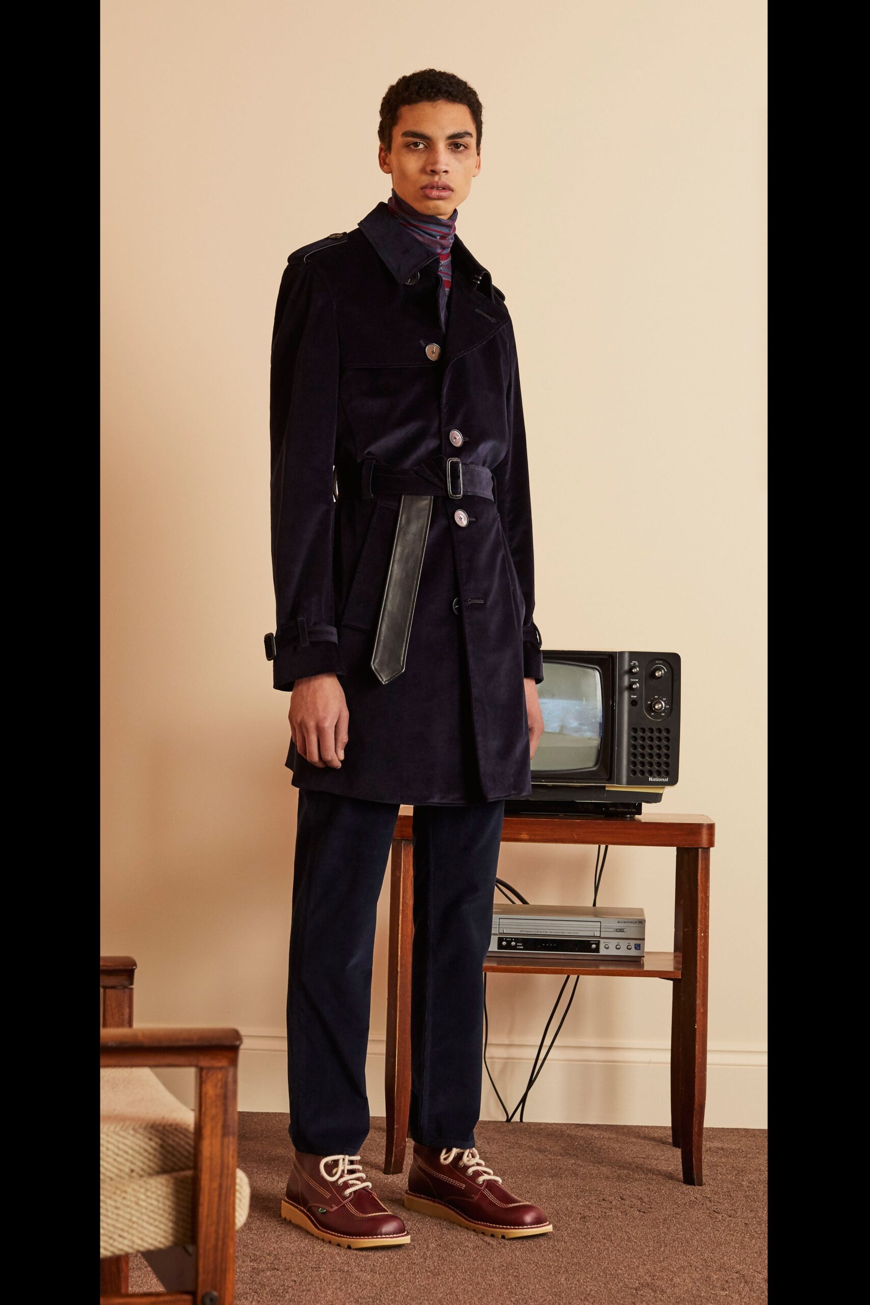 blue velvet long-sleeve collared tailored belted coat