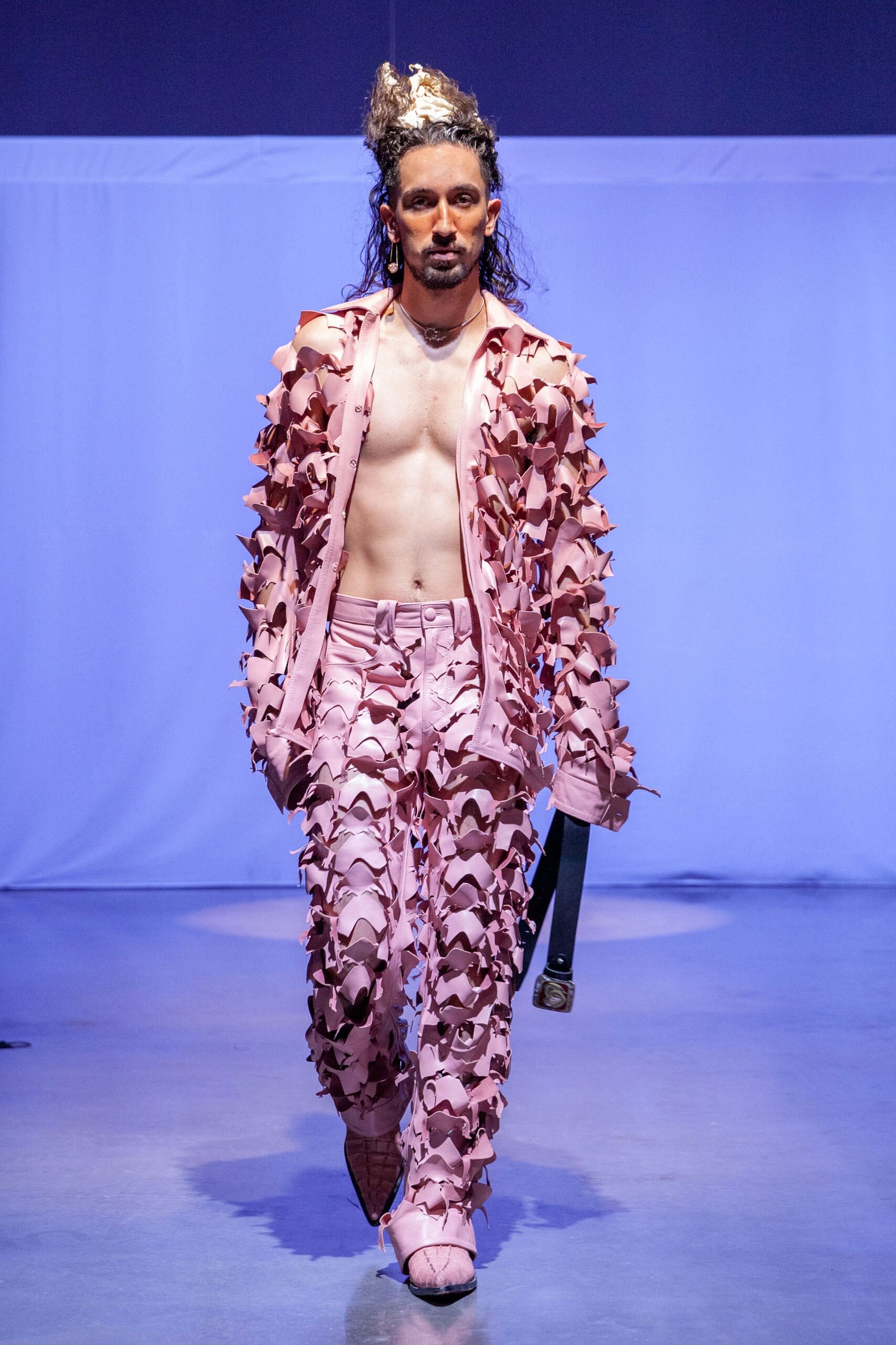 pink leather long-sleeve fitted ruffled jacket