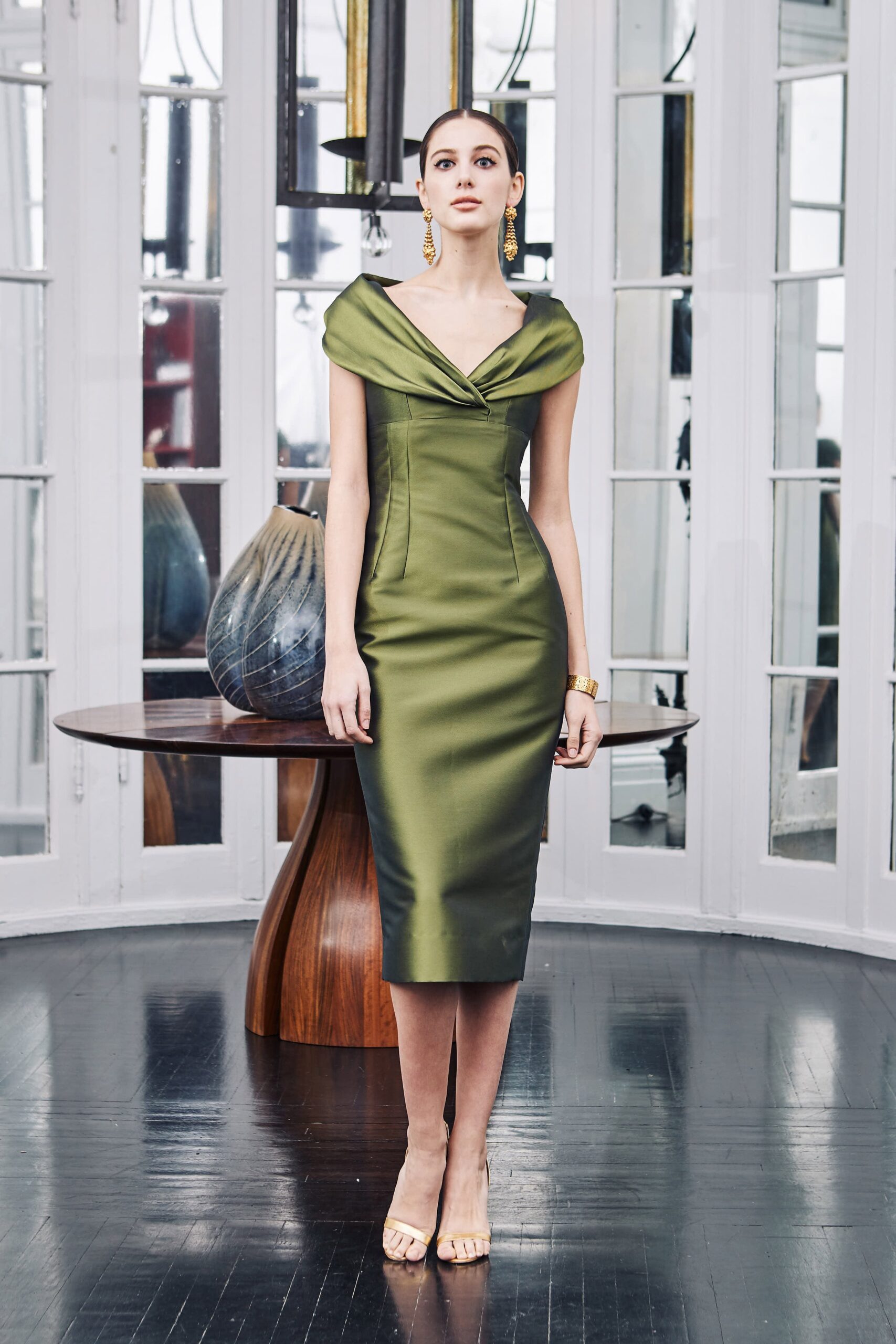 fitted green satin midi dress